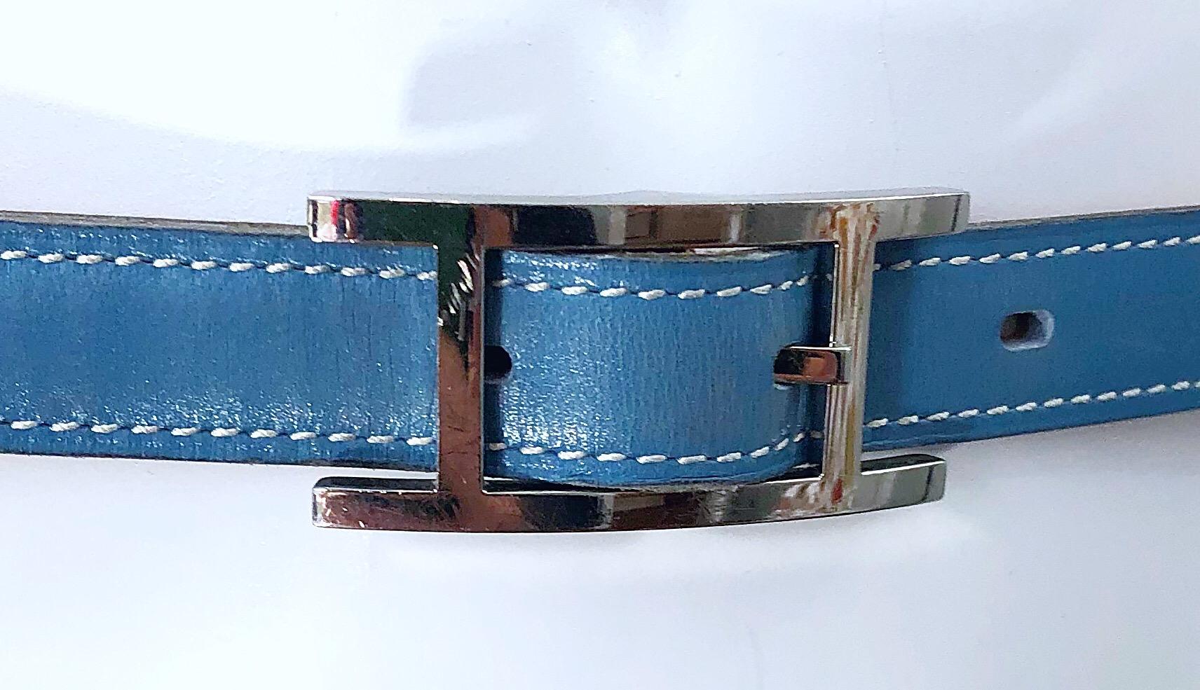 Hermes Women's Size 75 Light Blue + Silver Leather Quentin H Logo Thin Belt 1