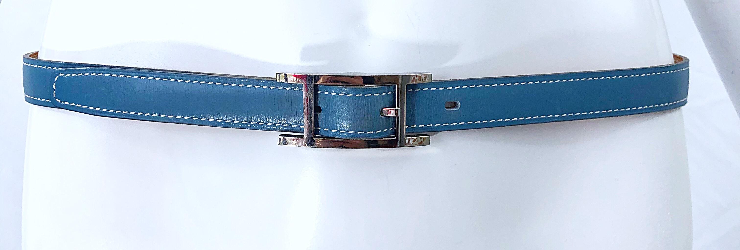 Hermes Women's Size 75 Light Blue + Silver Leather Quentin H Logo Thin Belt 2