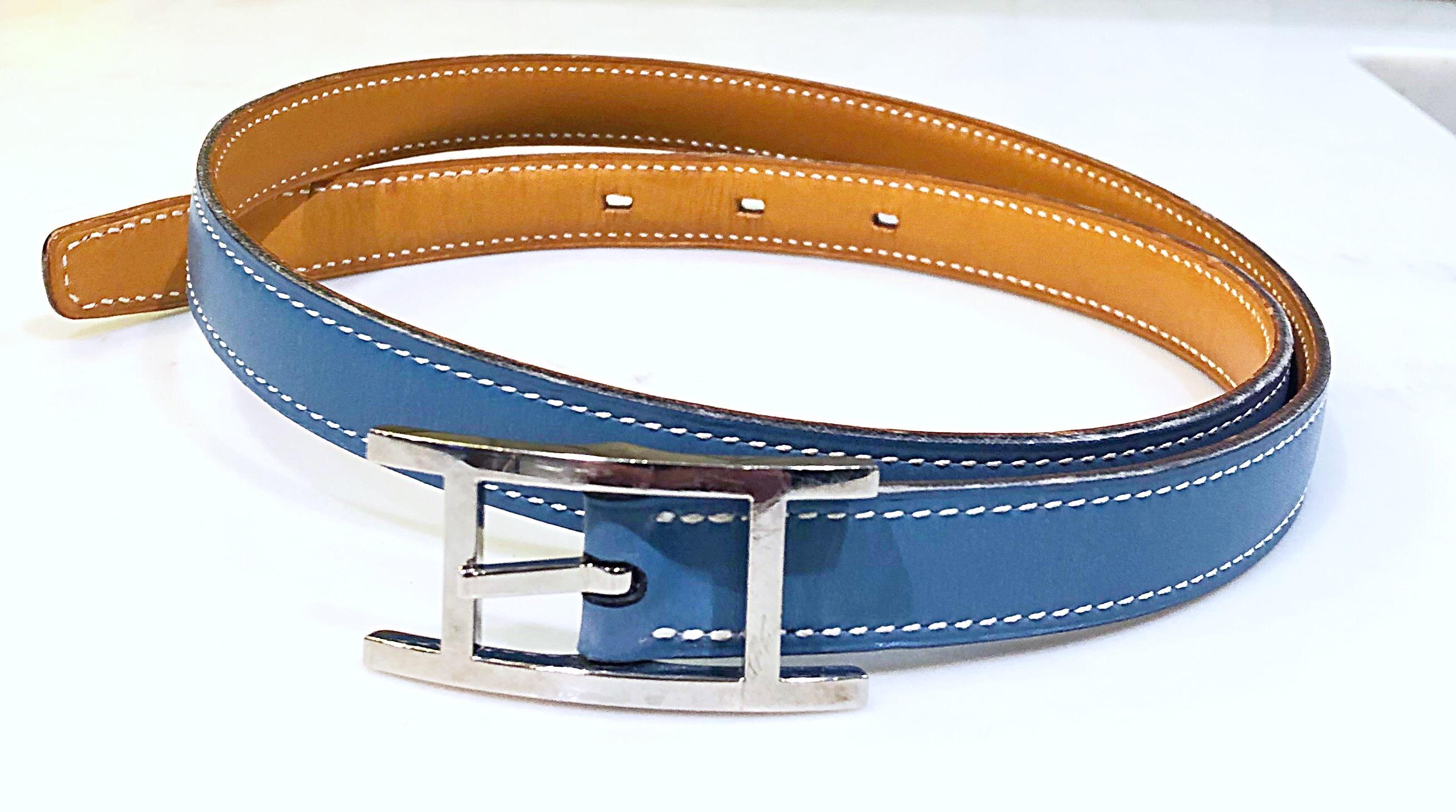 Hermes Women's Size 75 Light Blue + Silver Leather Quentin H Logo Thin Belt 3