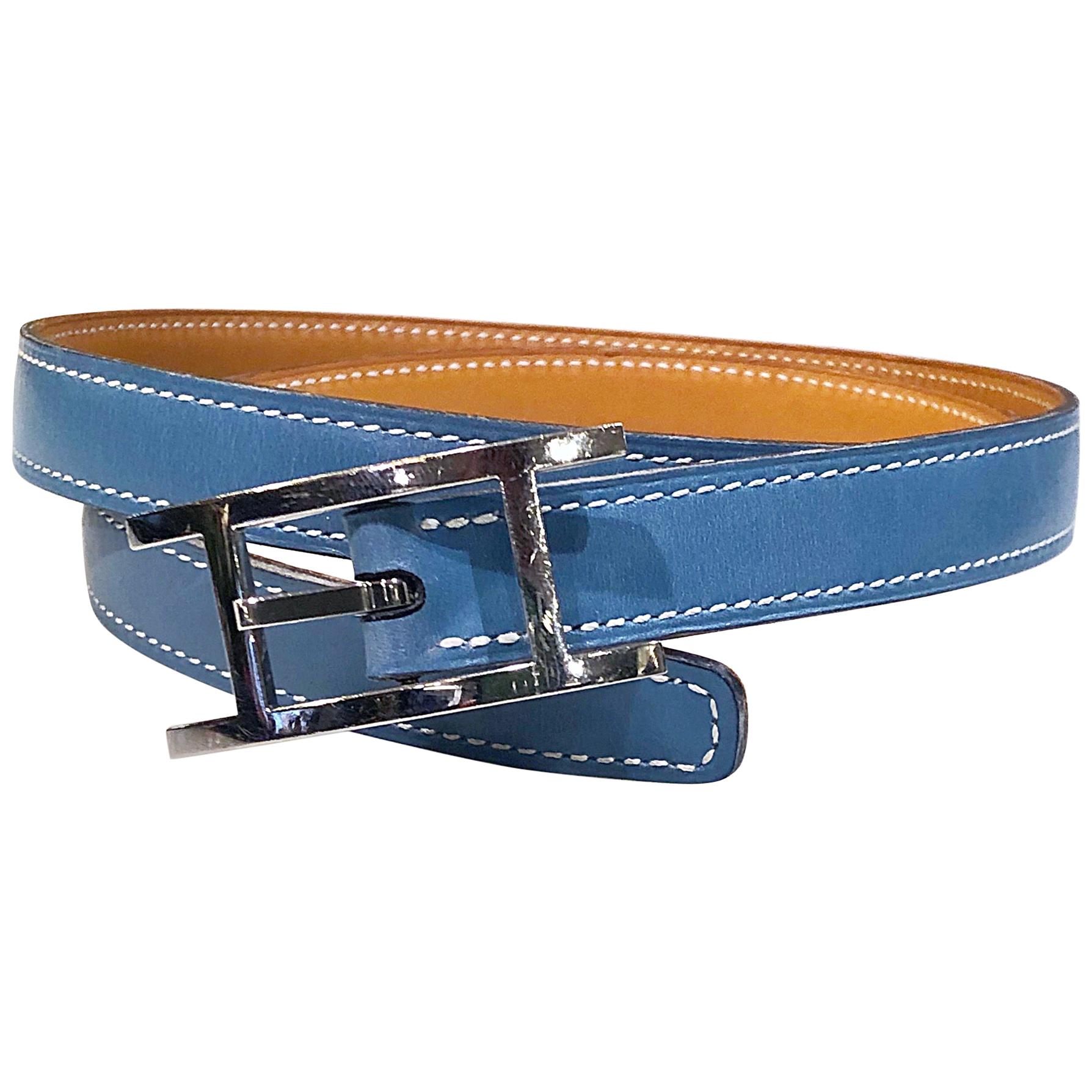 Hermes Women's Size 75 Light Blue + Silver Leather Quentin H Logo Thin Belt