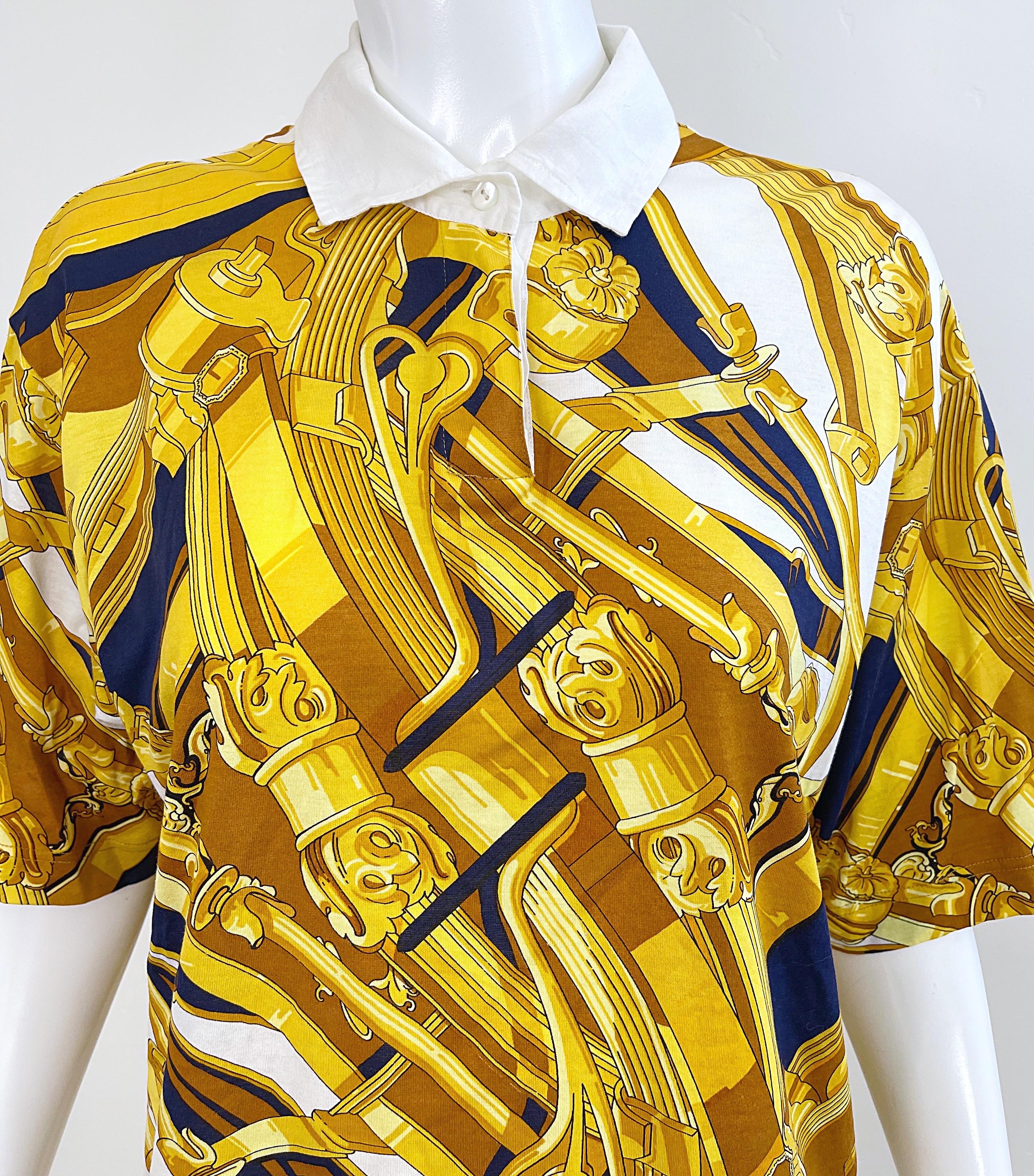 Women's Hermes Women’s XL 1990s Rythmes Gold Navy Nautical Vintage 90s Polo Shirt For Sale