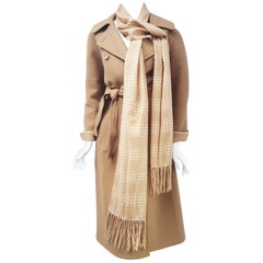 Hermes Wool Camel Double Breasted Coat with Scarf and Sash 46 EU