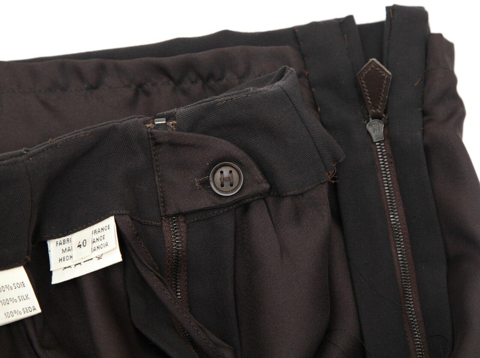 HERMES Wool Skirt Dark Brown Straight Cut Classic Leather Zipper Sz 40 VINTAGE For Sale 2