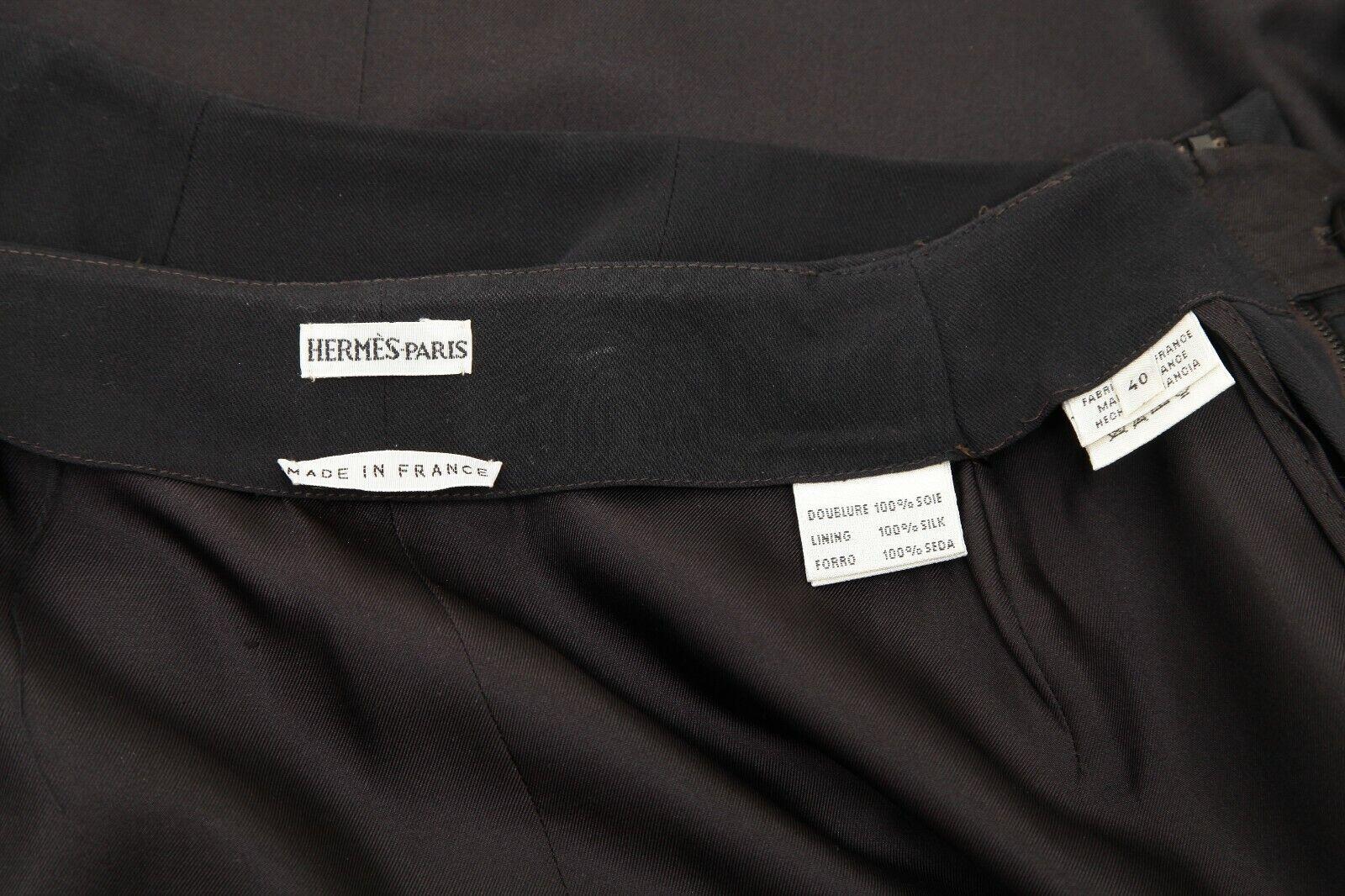 HERMES Wool Skirt Dark Brown Straight Cut Classic Leather Zipper Sz 40 VINTAGE For Sale 4