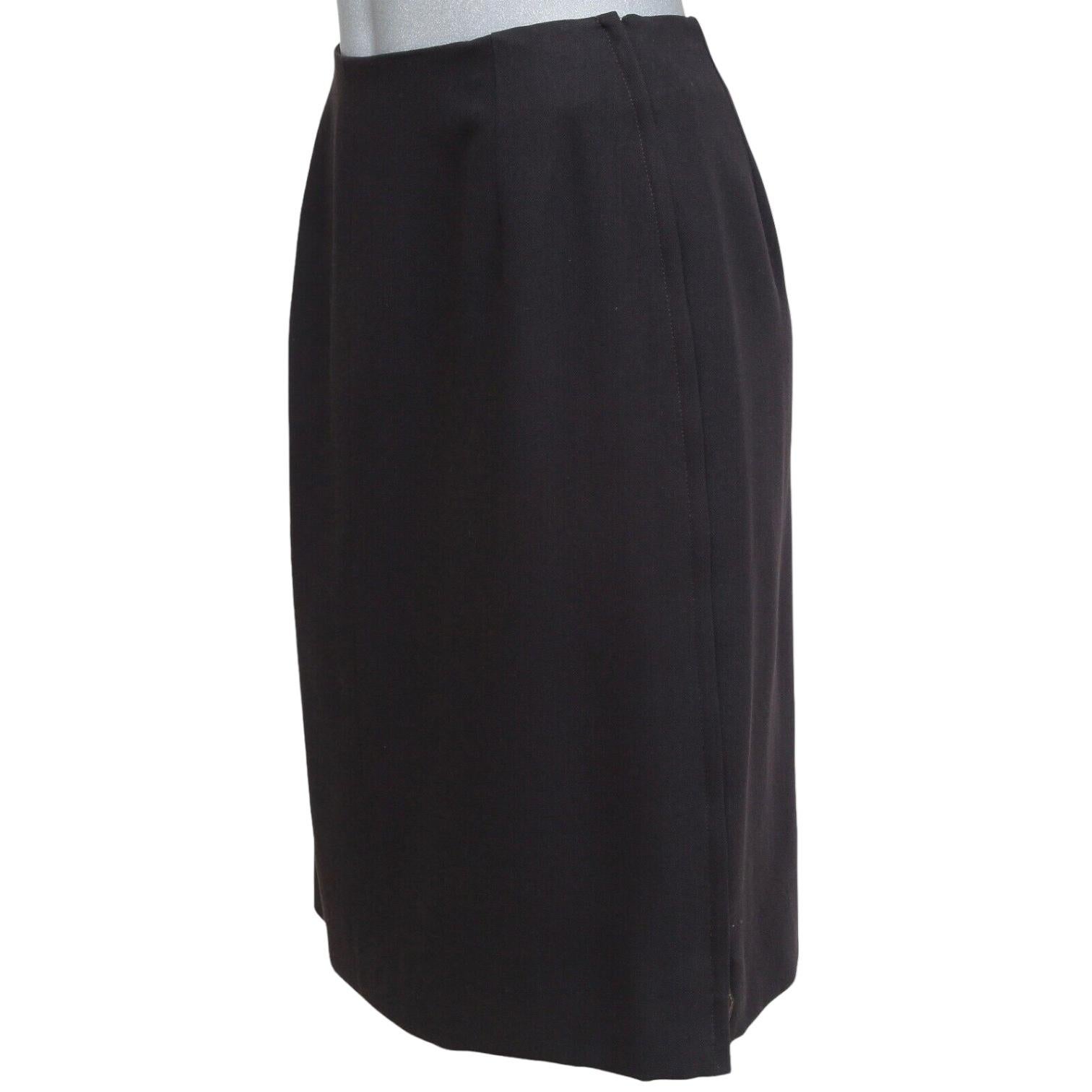 Black HERMES Wool Skirt Dark Brown Straight Cut Classic Leather Zipper Sz 40 VINTAGE For Sale