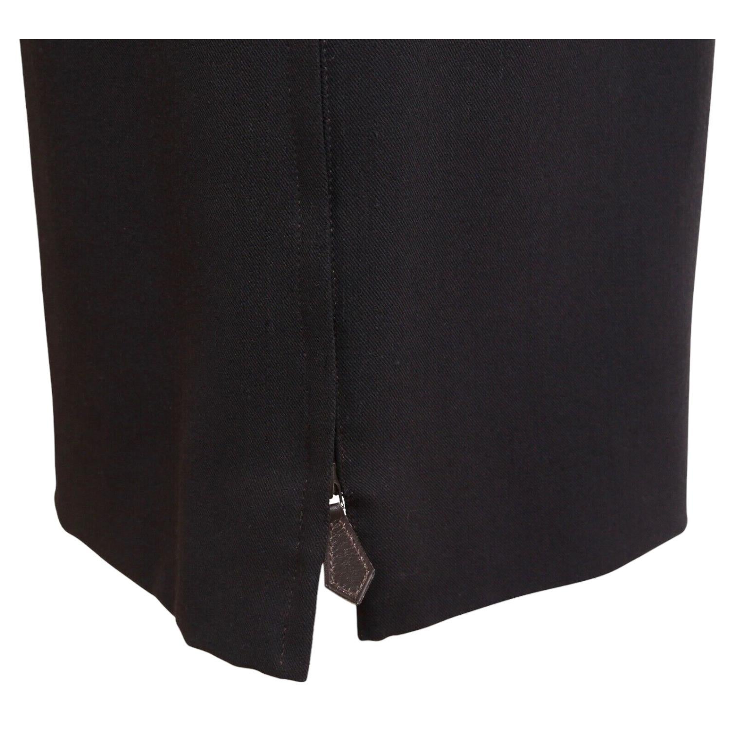 HERMES Wool Skirt Dark Brown Straight Cut Classic Leather Zipper Sz 40 VINTAGE In Fair Condition For Sale In Hollywood, FL