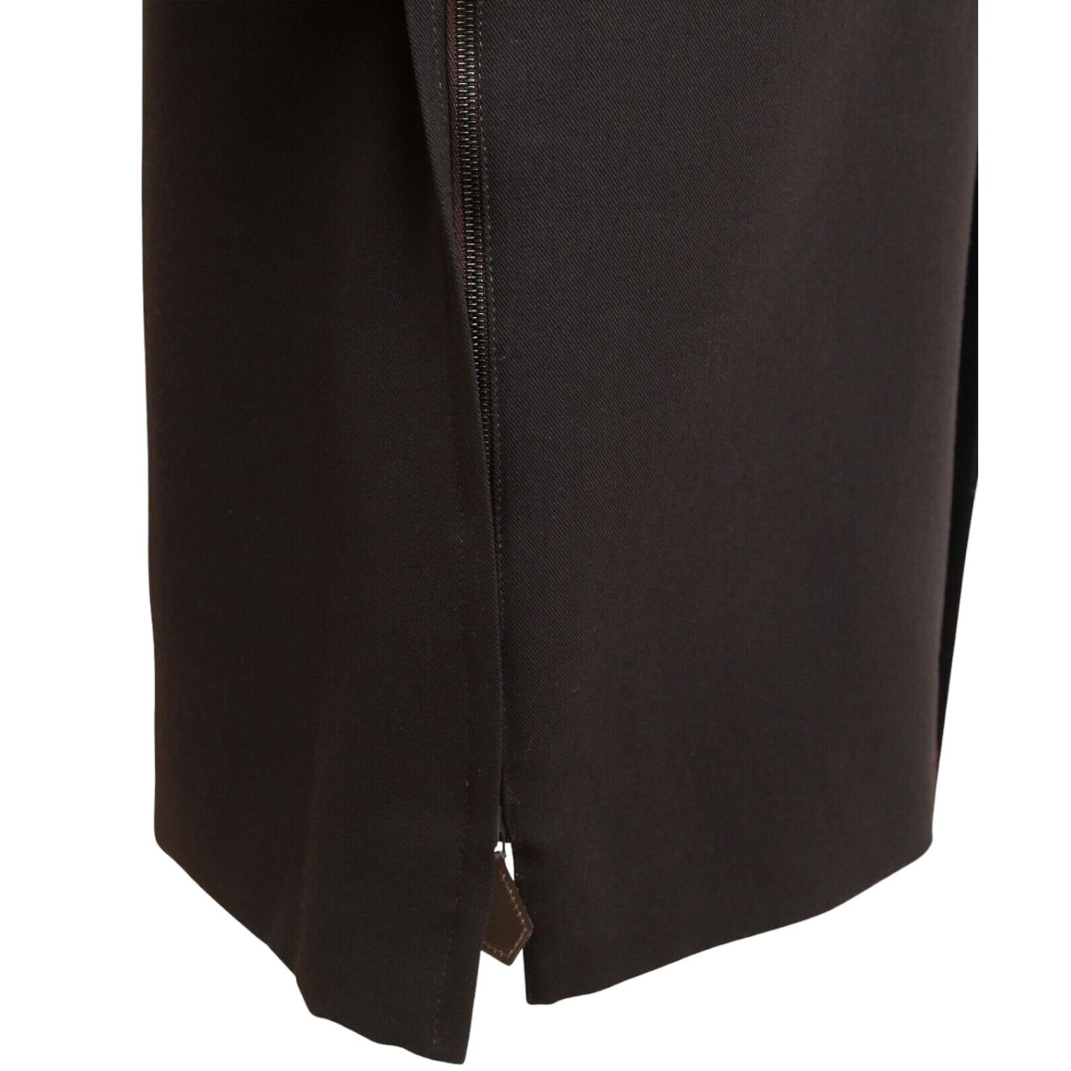 Women's HERMES Wool Skirt Dark Brown Straight Cut Classic Leather Zipper Sz 40 VINTAGE For Sale
