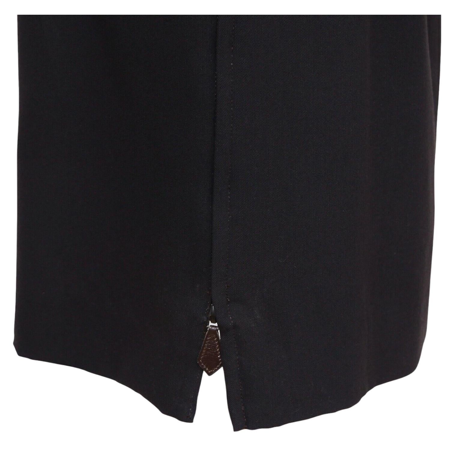 HERMES Wool Skirt Dark Brown Straight Cut Classic Leather Zipper Sz 40 VINTAGE For Sale 1