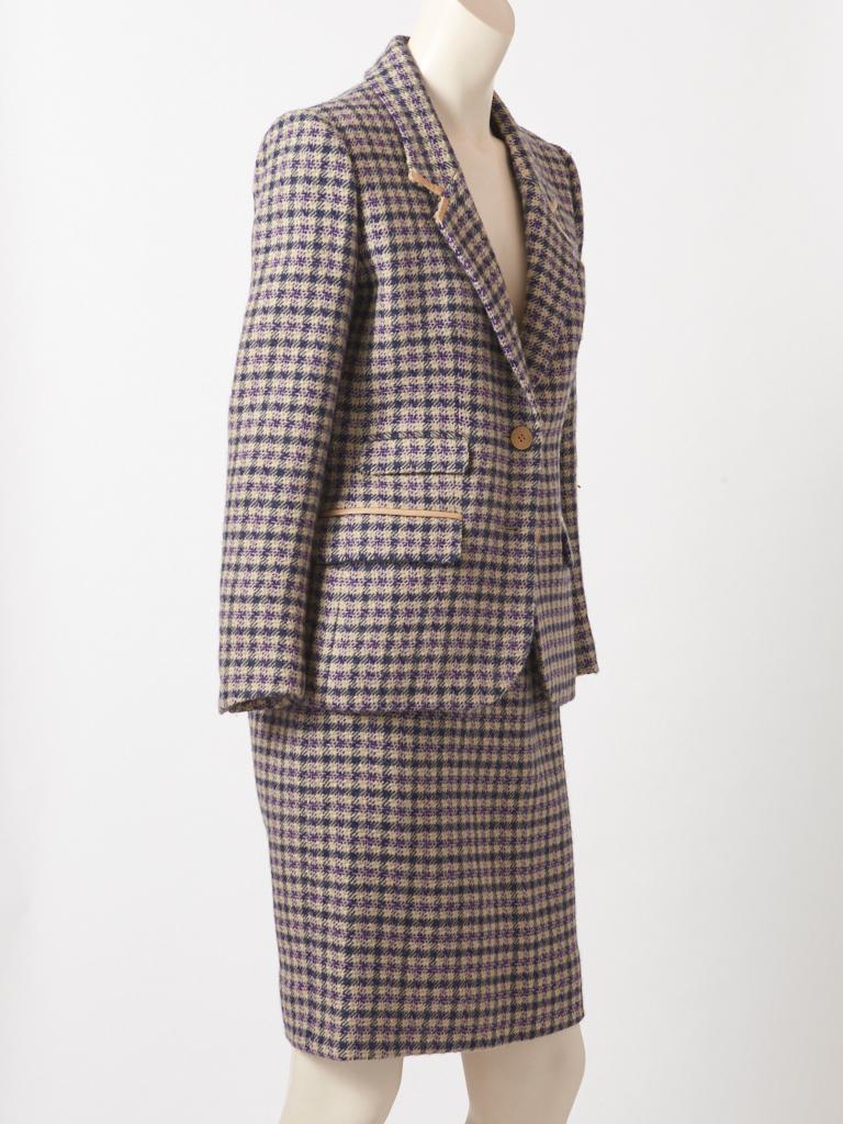 Hermes Wool Tweed Skirt Suit with Leather Detail In Good Condition In New York, NY