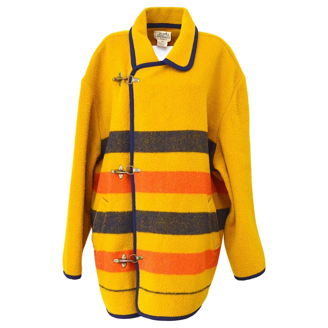 Hermes Wool Yellow Red Blue Orange Stripe Oversize Trench Style Jacket Coat