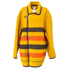 Vintage Hermes Wool Yellow Red Blue Orange Stripe Oversize Trench Style Jacket Coat