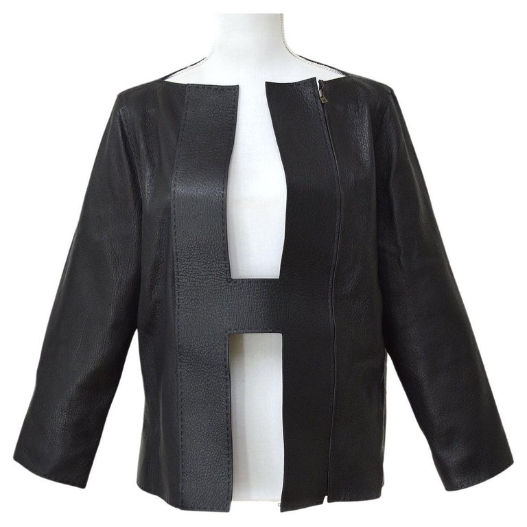 HERMES x Martin Margiela Black 'H' Leather Women's Coat Jacket For Sale
