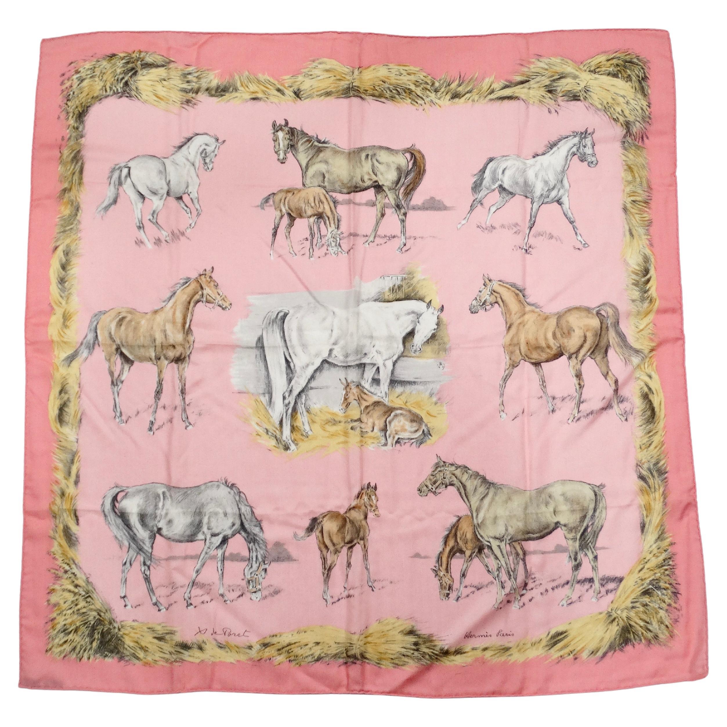 Hermes x Xavier De Poret 1960 "Les Poulains" 90 cm Horse Print Cashmere Scarf For Sale