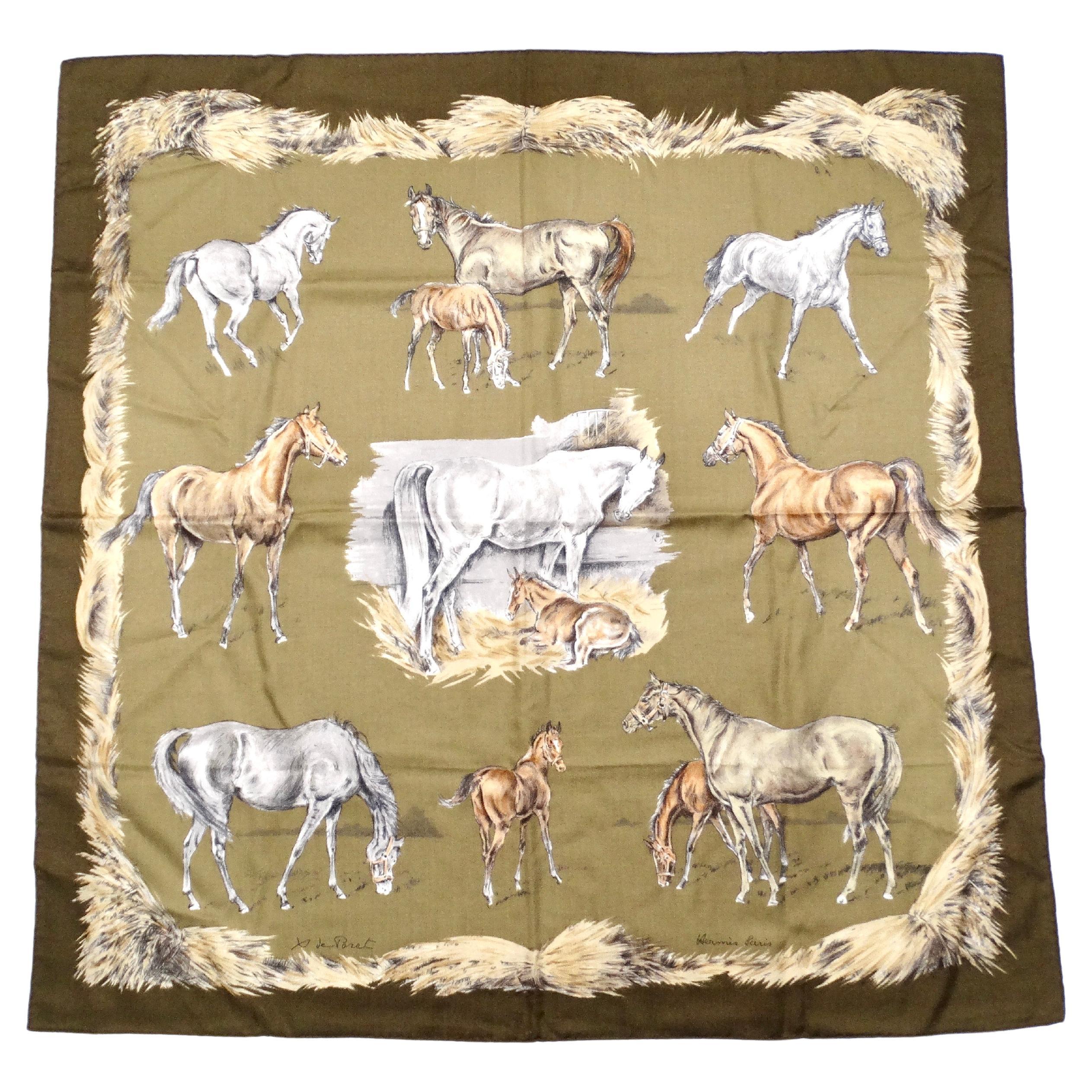 Hermes x Xavier De Poret 1960 "Les Poulains" 90 cm Horse Print Cashmere Scarf For Sale