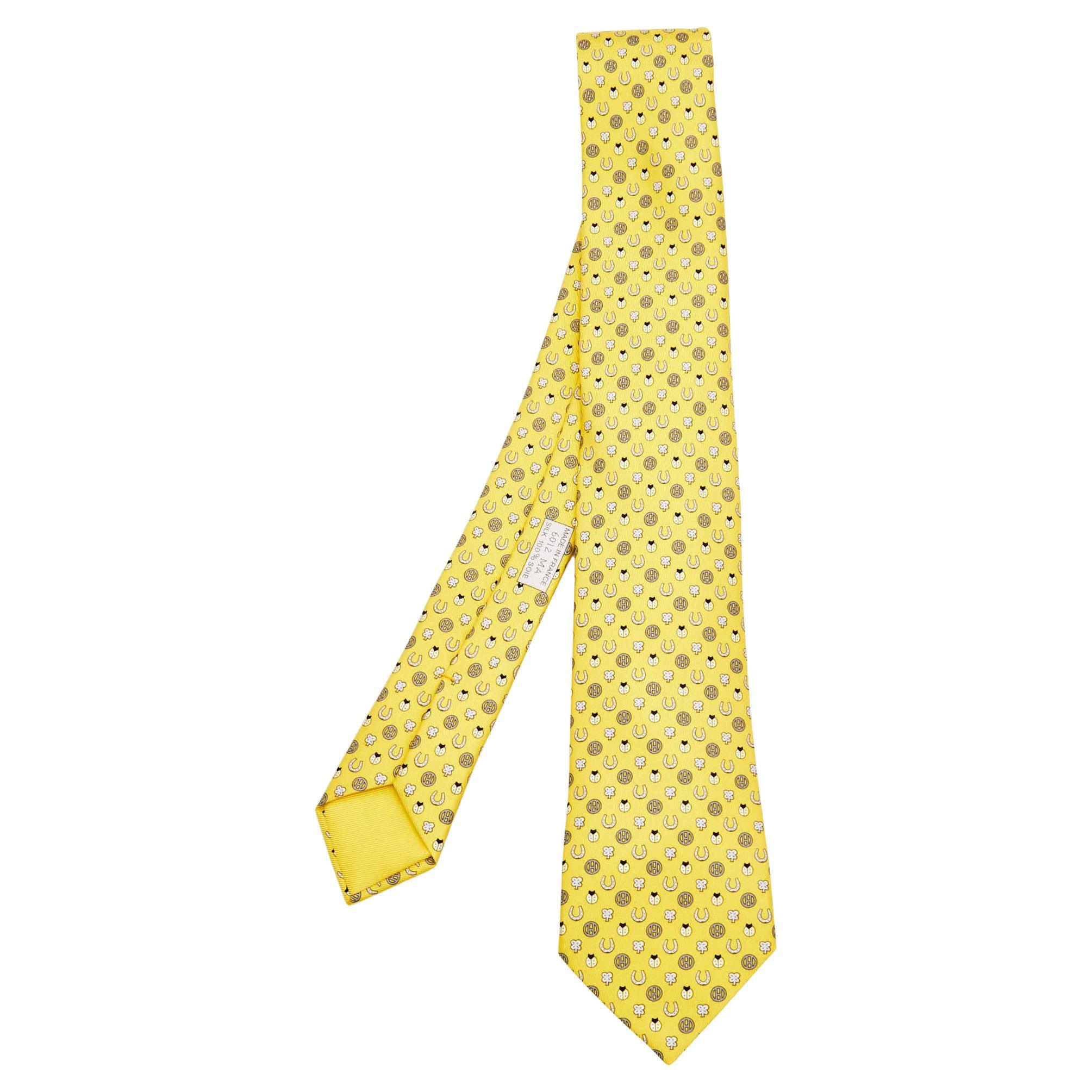 Hermès Yellow 7 Job Interview Printed Silk Skinny Tie