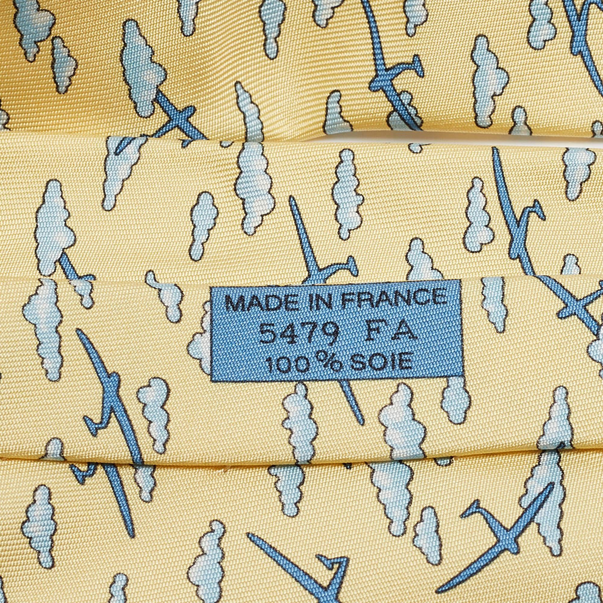 Beige Hermès Yellow Airplane Cloud Print Silk Traditional Tie