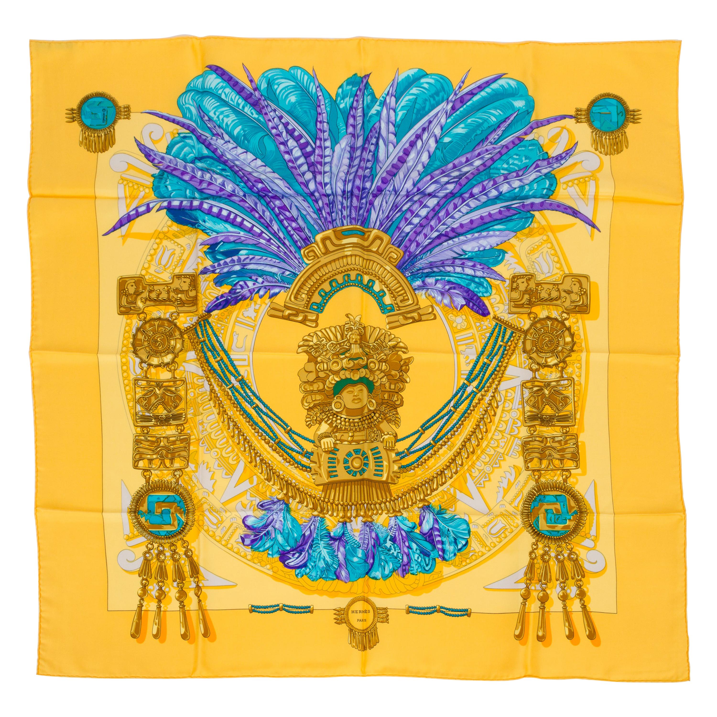 Hermès Yellow Blue Aztec Silk Scarf