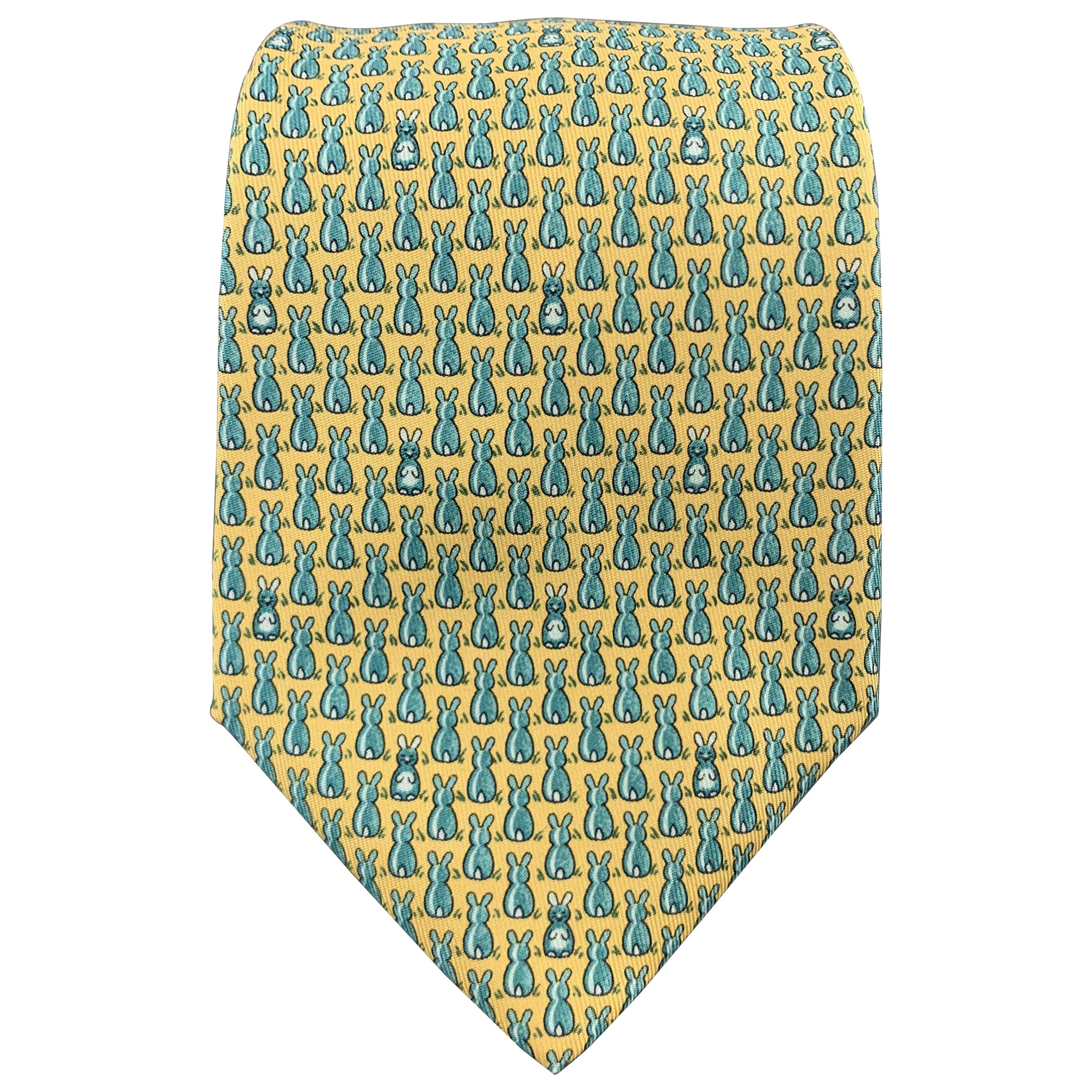 HERMES Yellow & Blue Bunny Rabbit Print Silk Tie