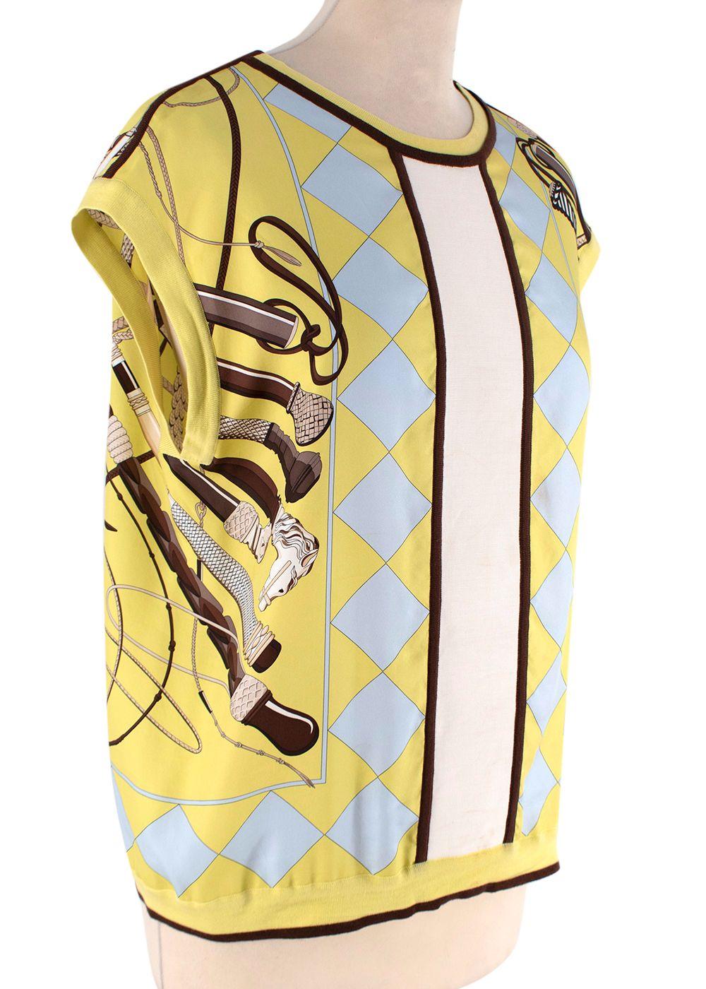Beige Hermes Yellow & Blue Equestrian Print Silk & Knit Vest - Size 6US For Sale