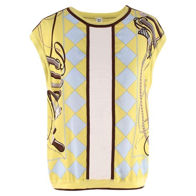 Hermes Yellow & Blue Equestrian Print Silk & Knit Vest - Size 6US For Sale