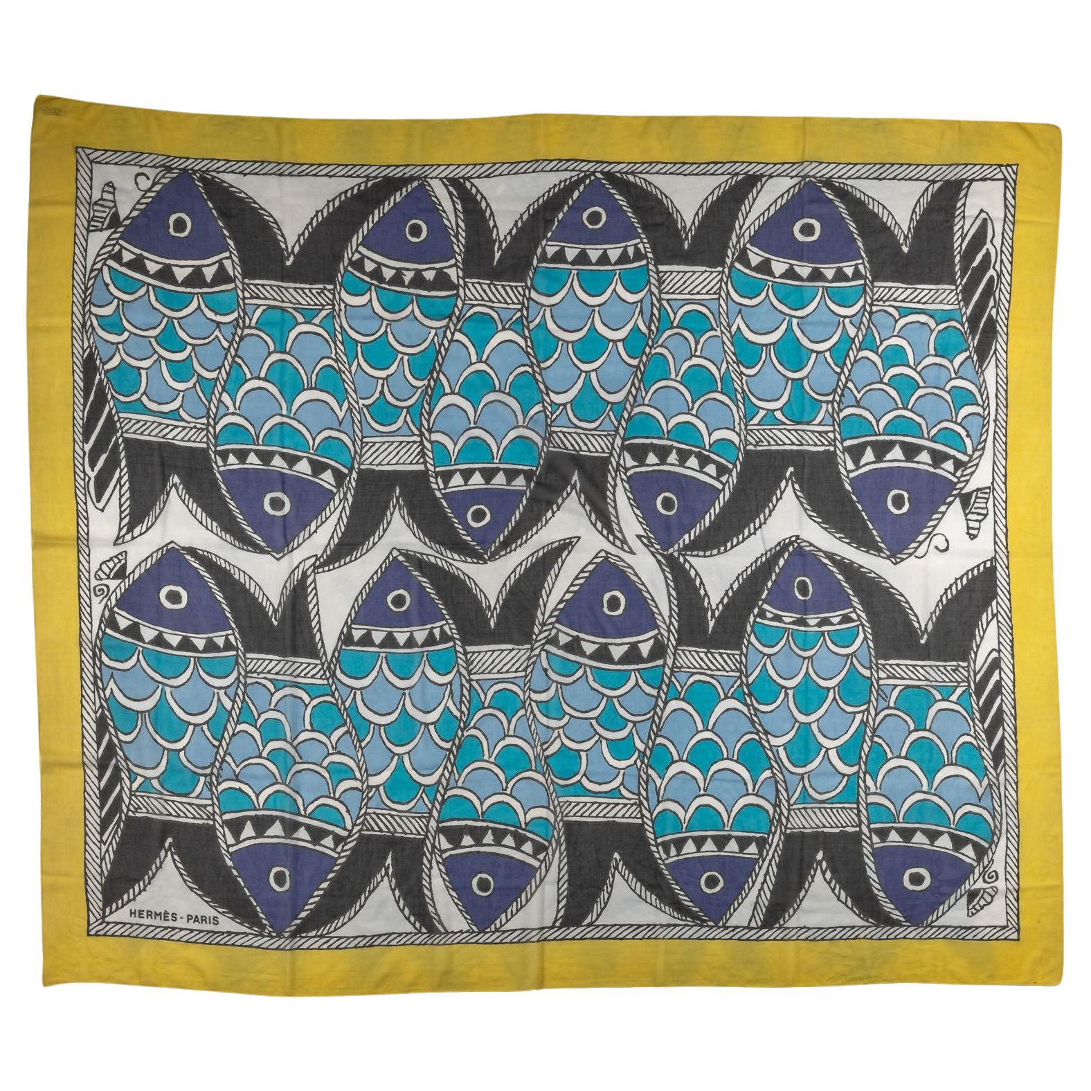 Hermès Yellow Blue Fish Cotton Sarong For Sale