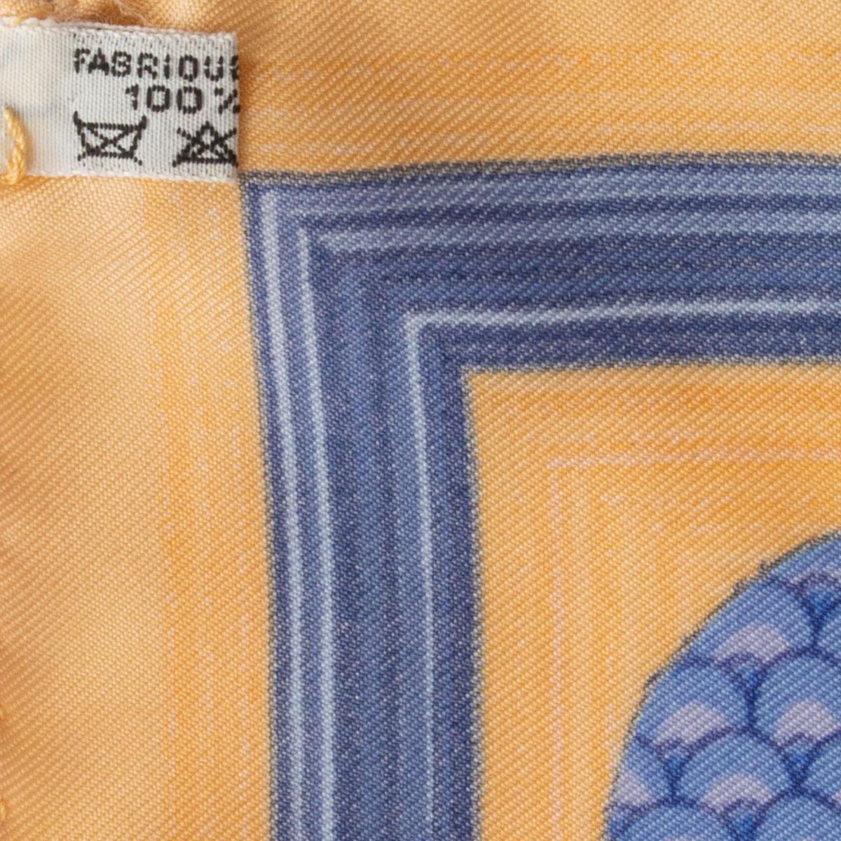Orange Hermes yellow & blue LA MARE AU CANARDS 90 silk twill Scarf
