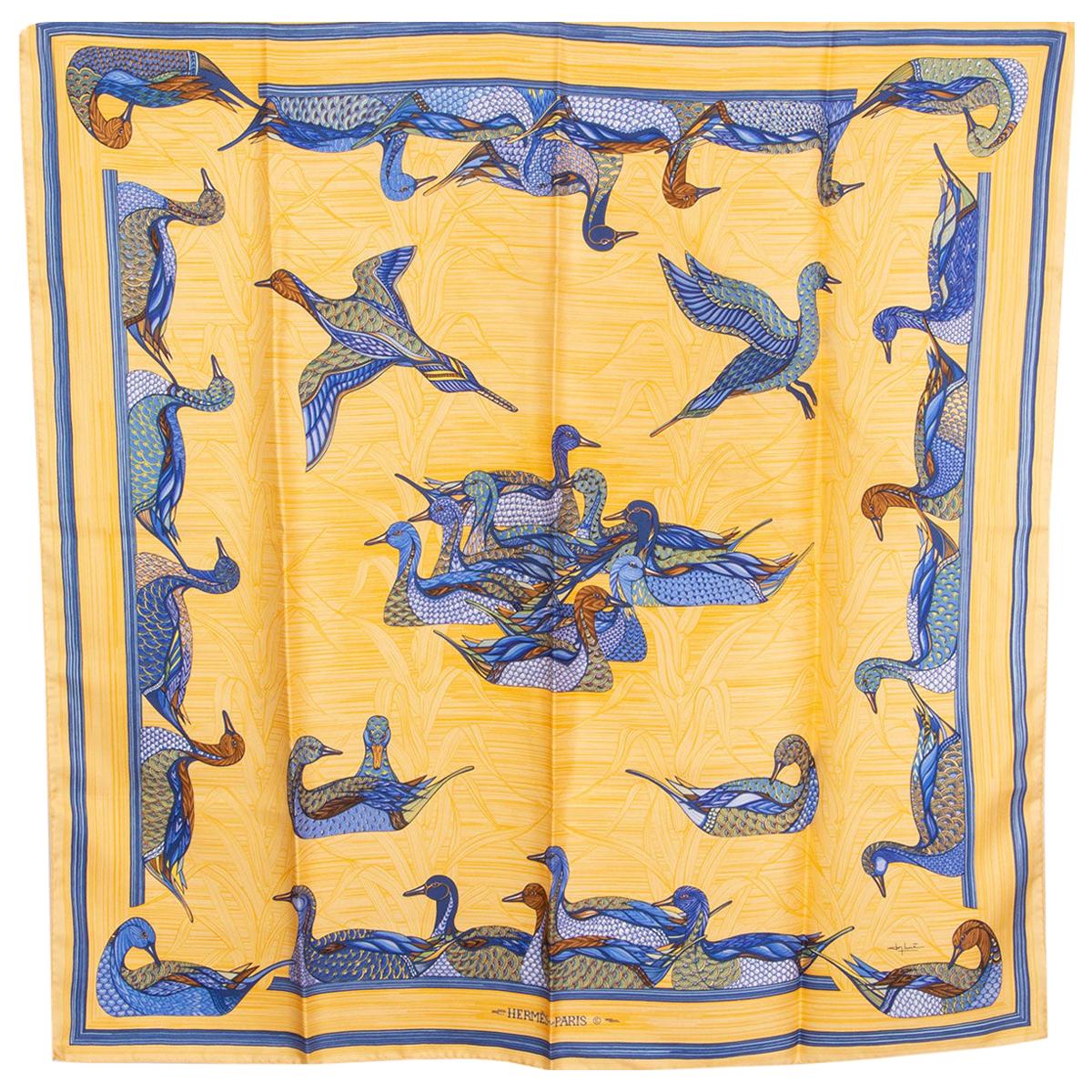 Hermes yellow & blue LA MARE AU CANARDS 90 silk twill Scarf