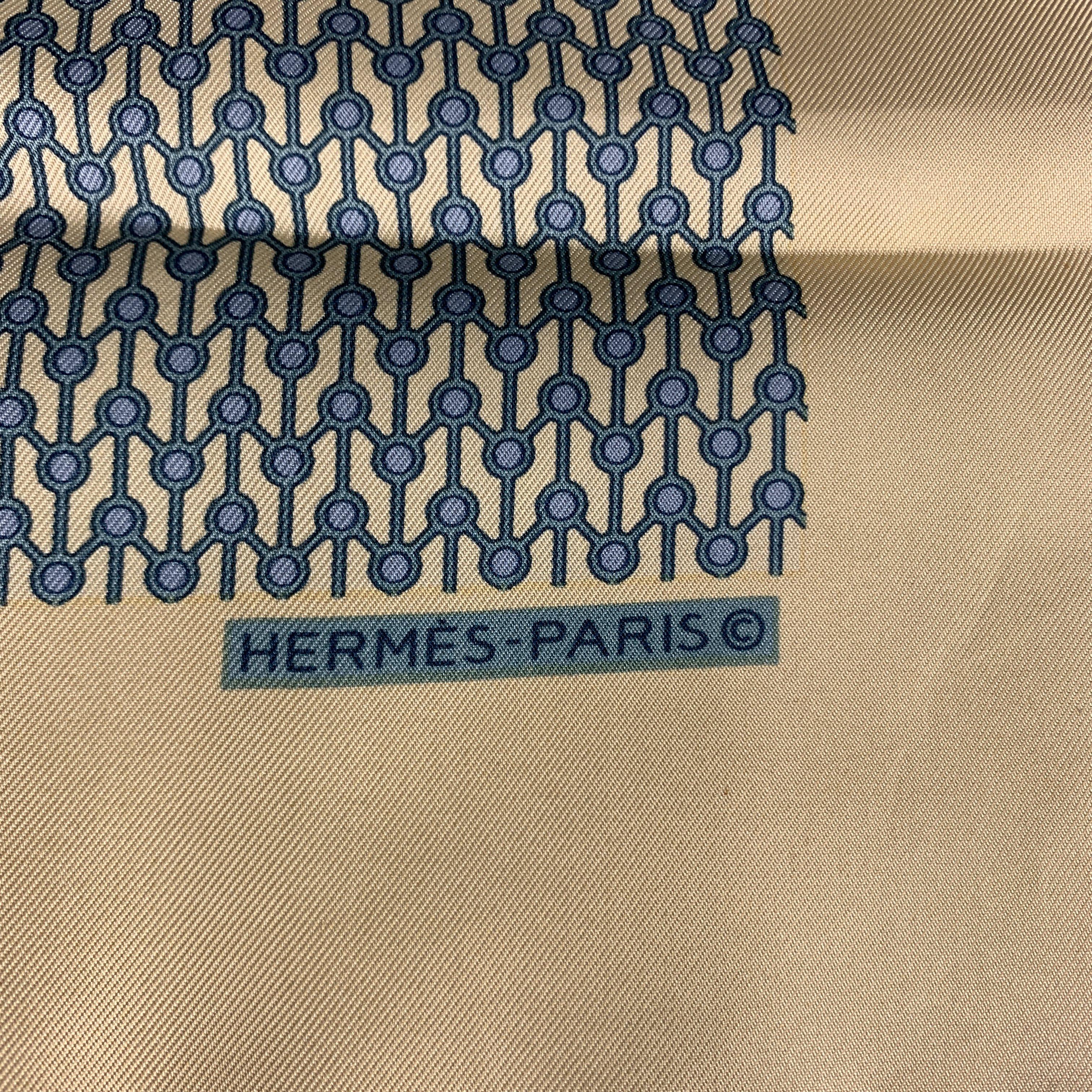 Beige HERMES Yellow & Blue Silk Abstract Geometric Print Pocket Square