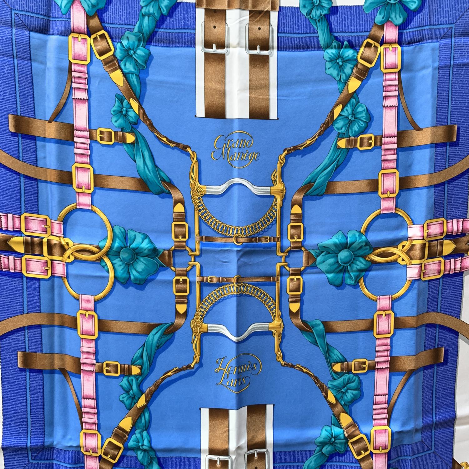 Hermes Yellow Blue Silk Scarf Grand Manege 1990 Henry D'Origny In Good Condition In Rome, Rome