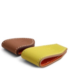 HERMES yellow & brown leather AT'H SET OF 2 MAGNETS Money Clip Lime /Gold