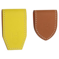 HERMES yellow & brown leather AT'H SET OF 2 MAGNETS Money Clip Lime /Gold