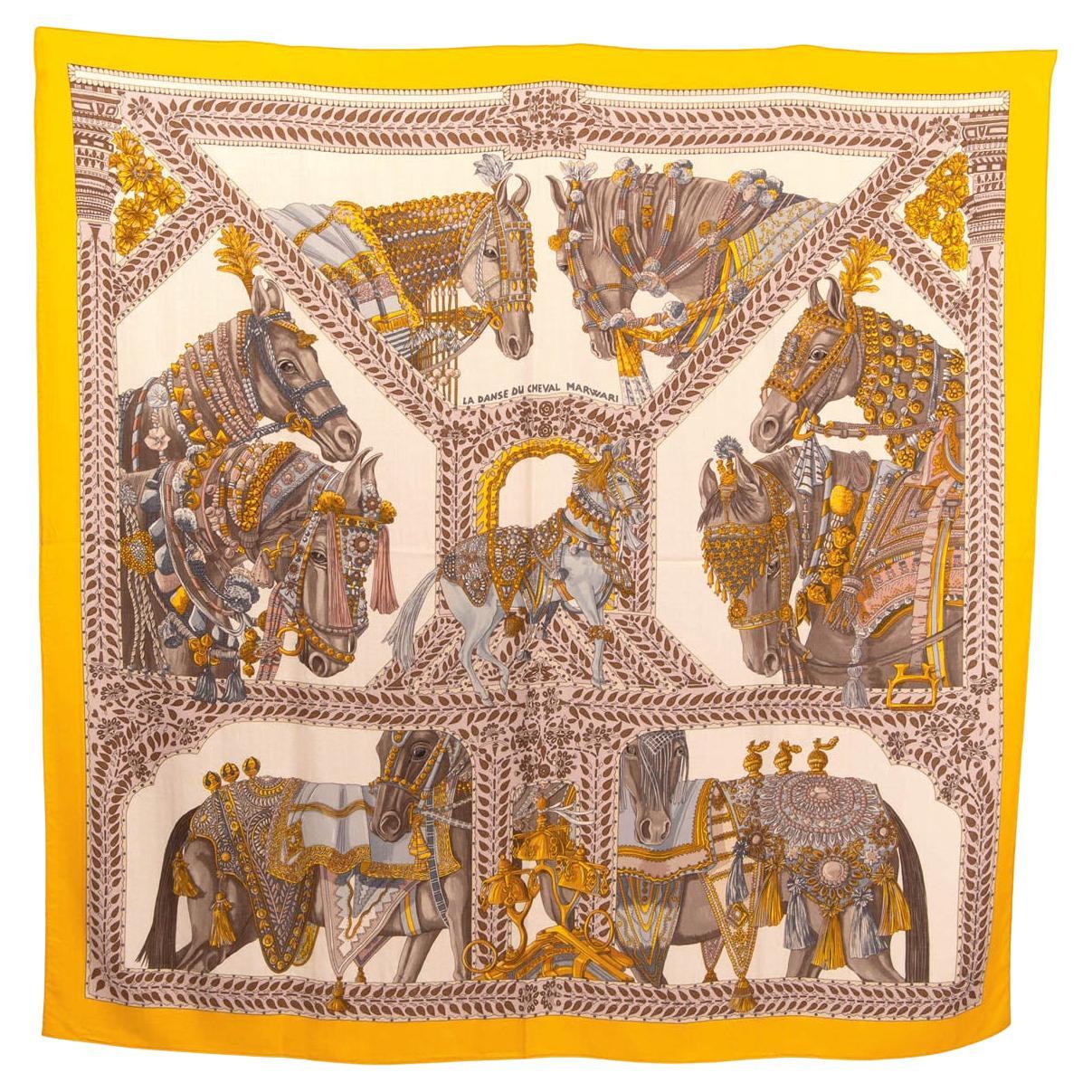 HERMES yellow cashmere silk LA DANSE DU CHEVAL MARWARI 10 Scarf Jaune Vif Blanc 