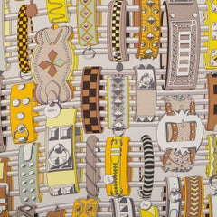 HERMES yellow COLLIERS ET CHIENS 90 WASH Scarf silk Gris Camel Jaune