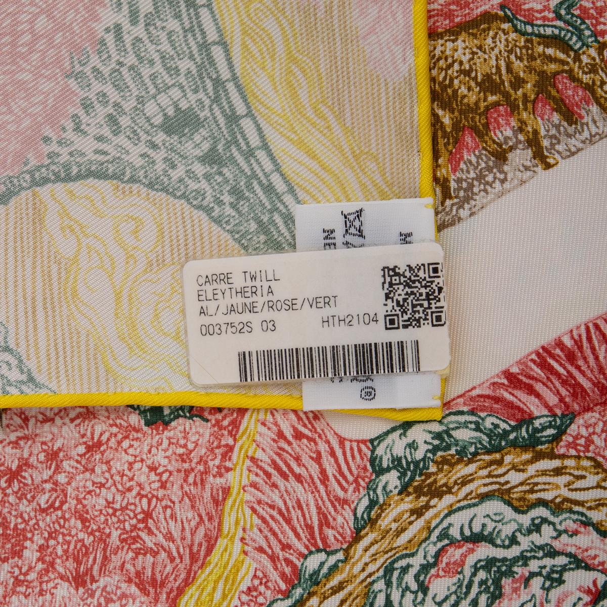 HERMES yellow ELEYTHERIA 90 Scarf silk Jaune Rose Vert In New Condition In Zürich, CH
