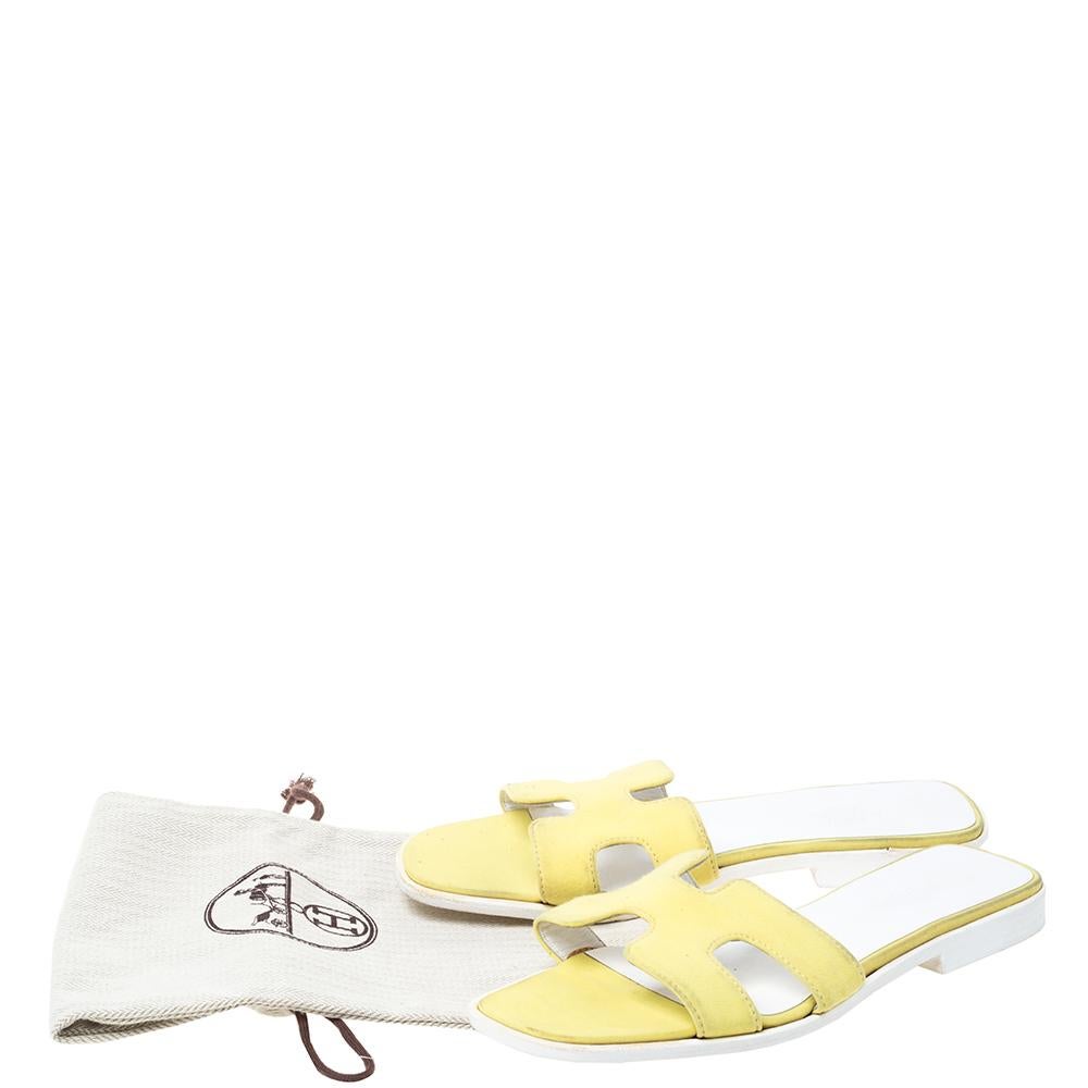 Women's Hermes Yellow Fabric Oran Flat Sandals Size 37