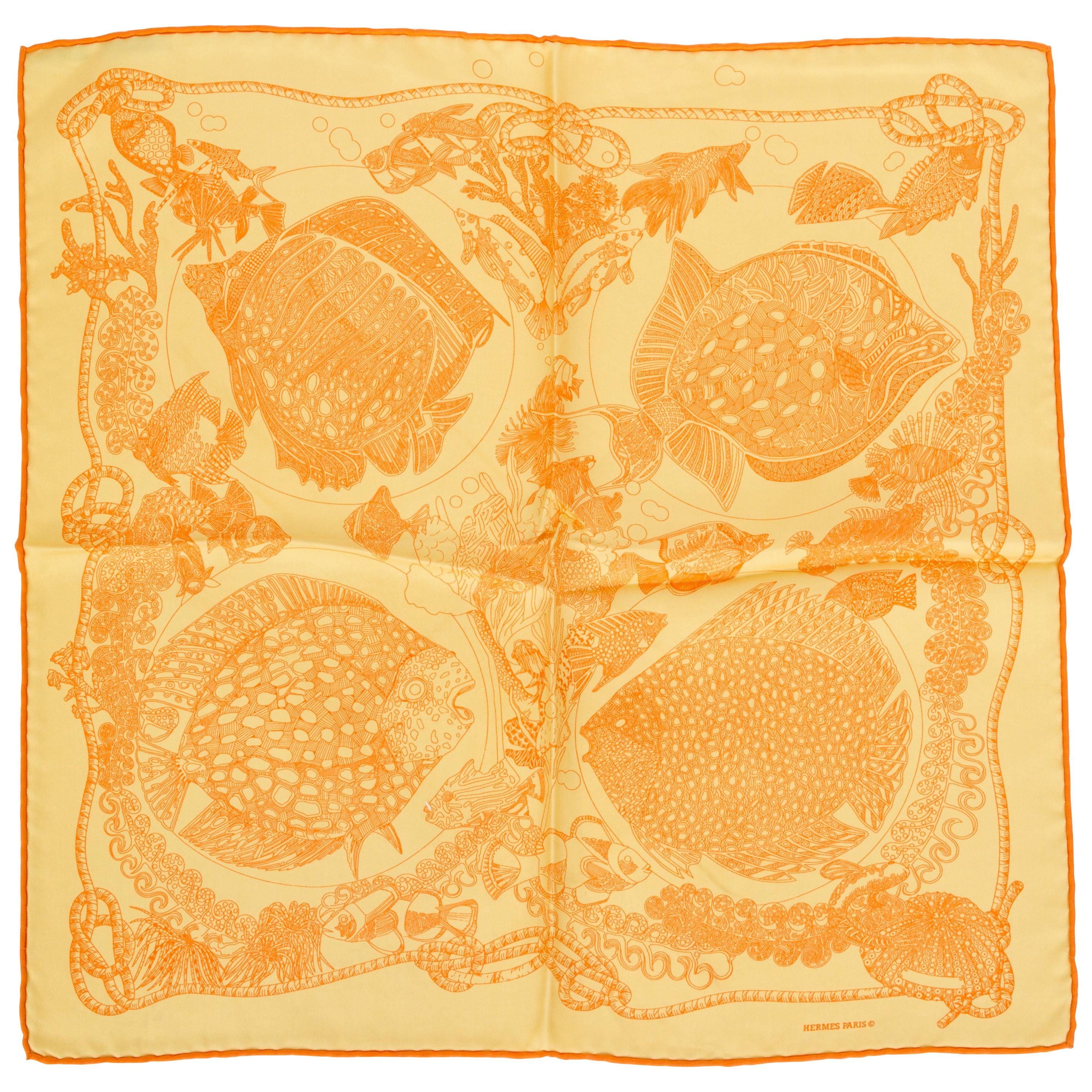 Hermès Yellow Fish Silk Twill Scarf