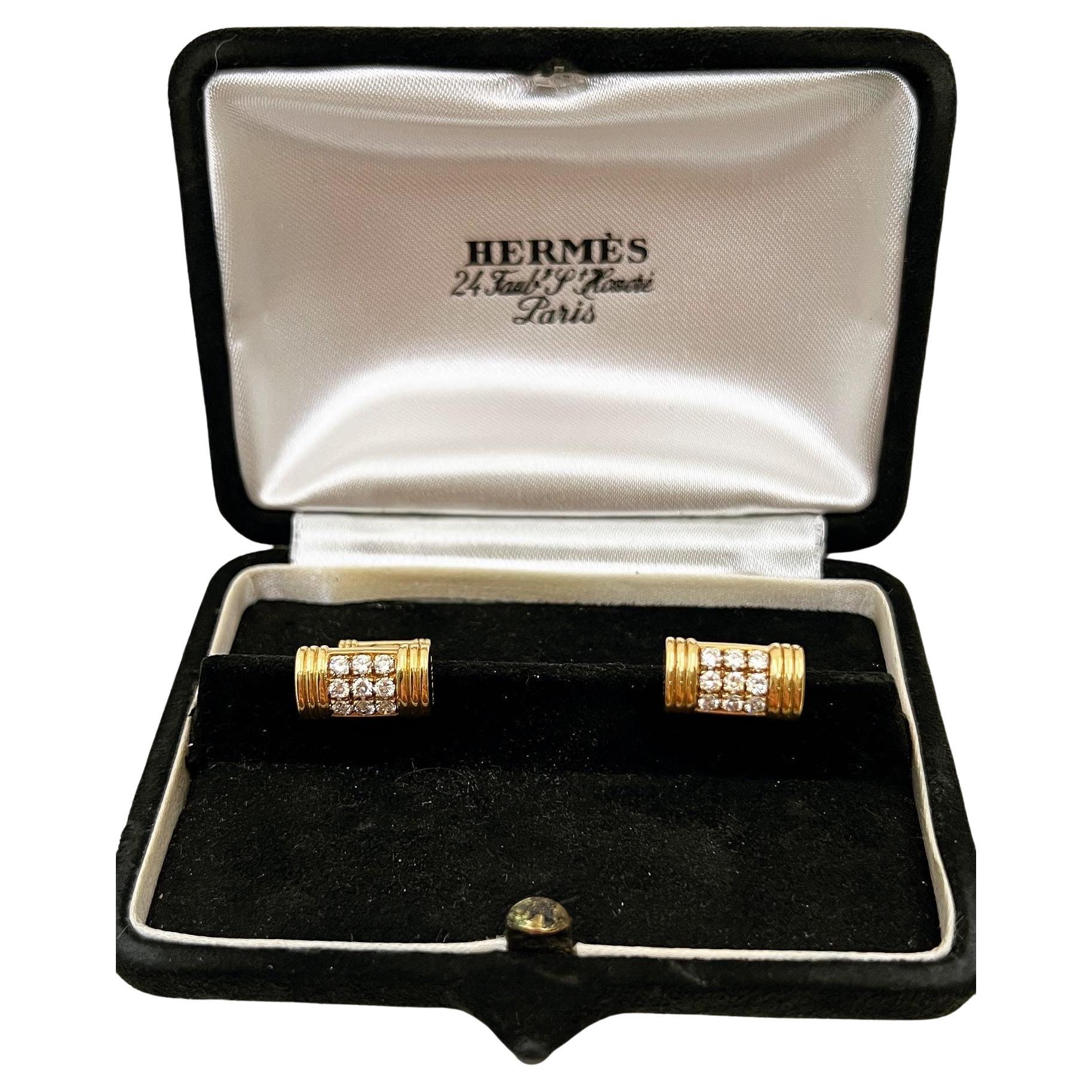 Hermes Yellow Gold and Diamonds Cufflinks For Sale