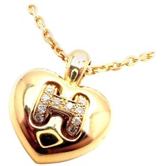 Vintage Hermès Yellow Gold Diamond H Heart Pendant Necklace