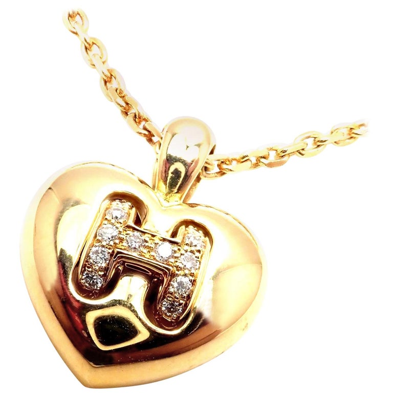 Hermès Yellow Gold Diamond H Heart Pendant Necklace For Sale at 1stDibs