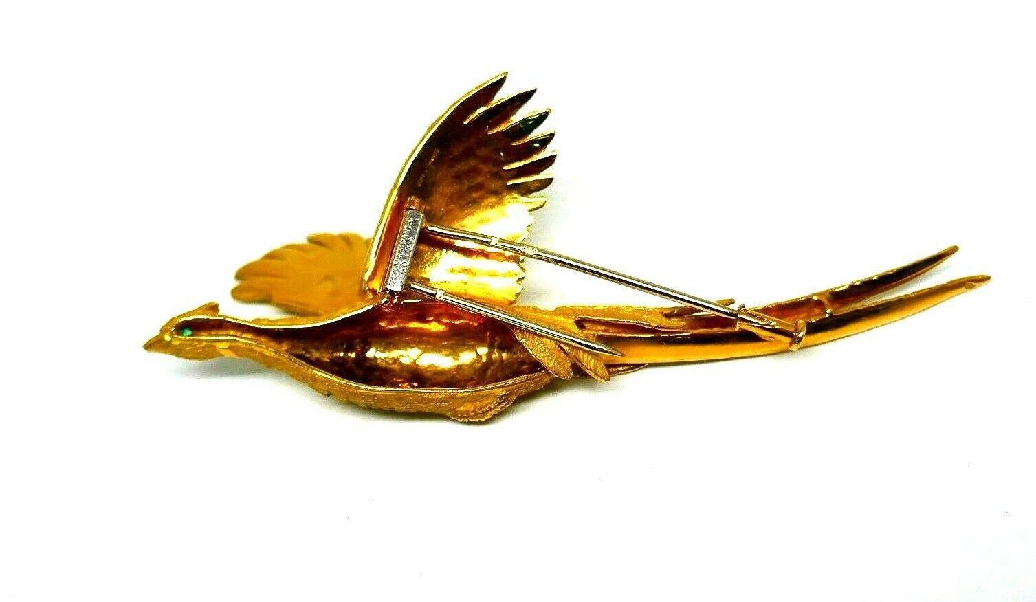 Women's or Men's Hermes Yellow Gold Emerald Flying Pheasant Bird Brooch