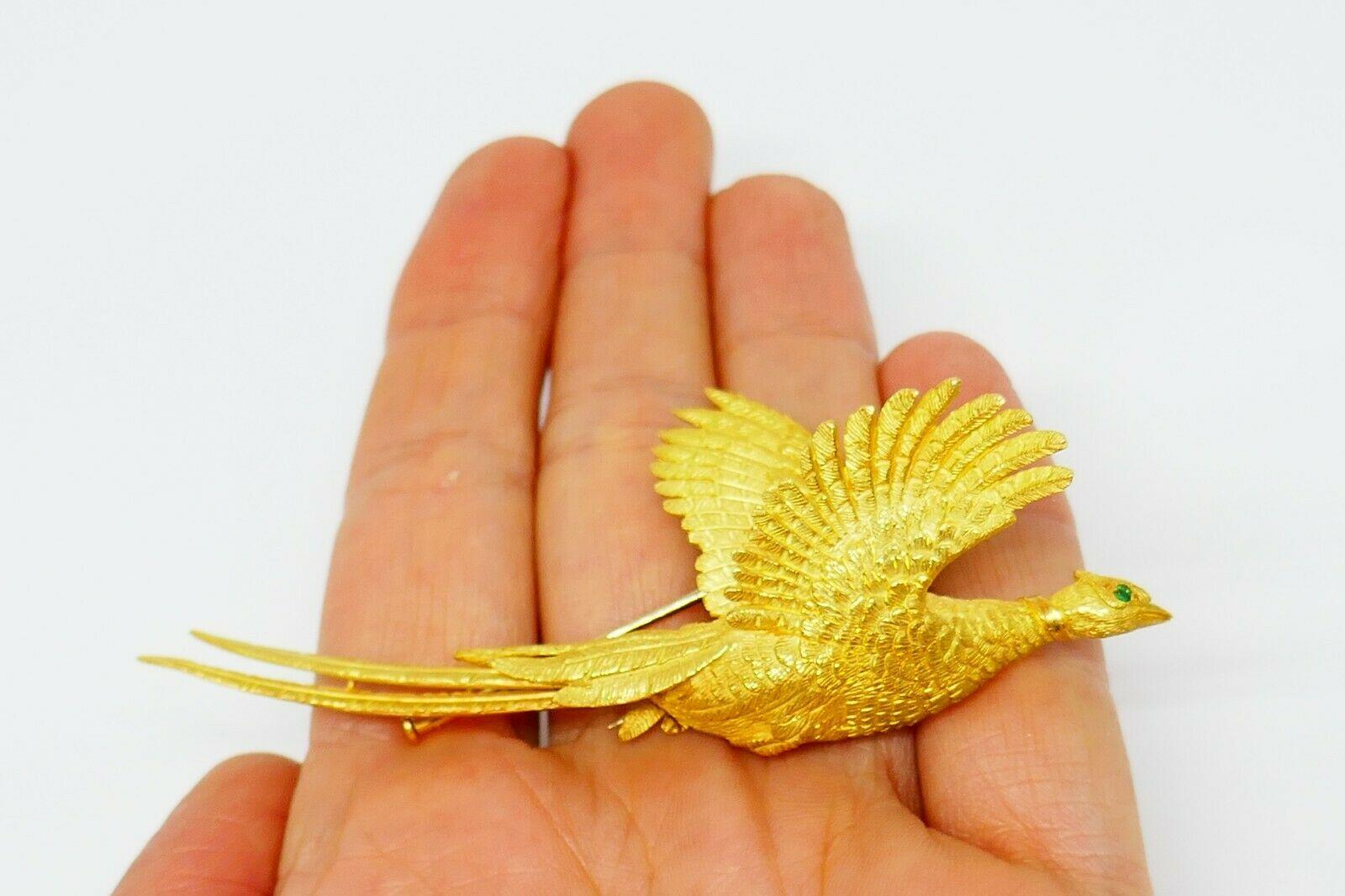 Hermes Yellow Gold Emerald Flying Pheasant Bird Brooch 3