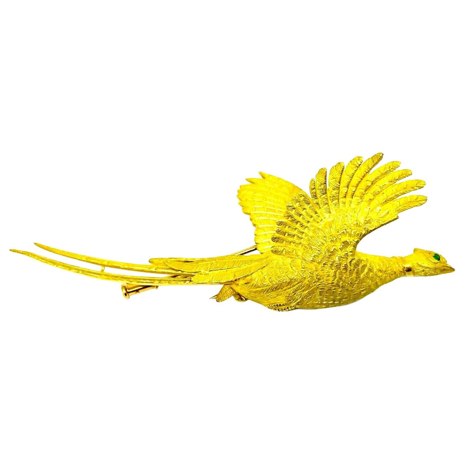 Hermes Yellow Gold Emerald Flying Pheasant Bird Brooch