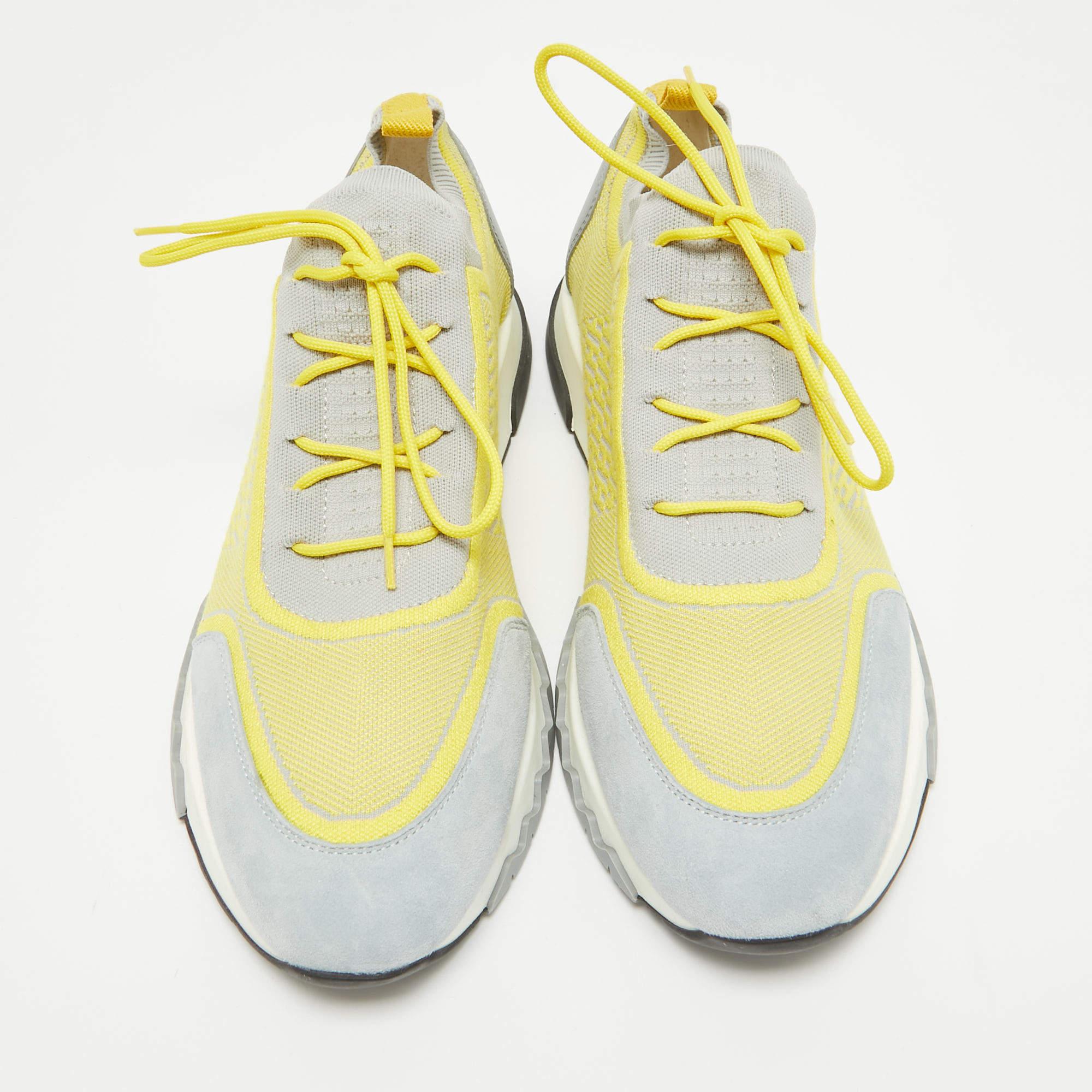 Beige Hermes Yellow/Grey  Fabric and Leather Addict Lace Up Sneakers Size 41