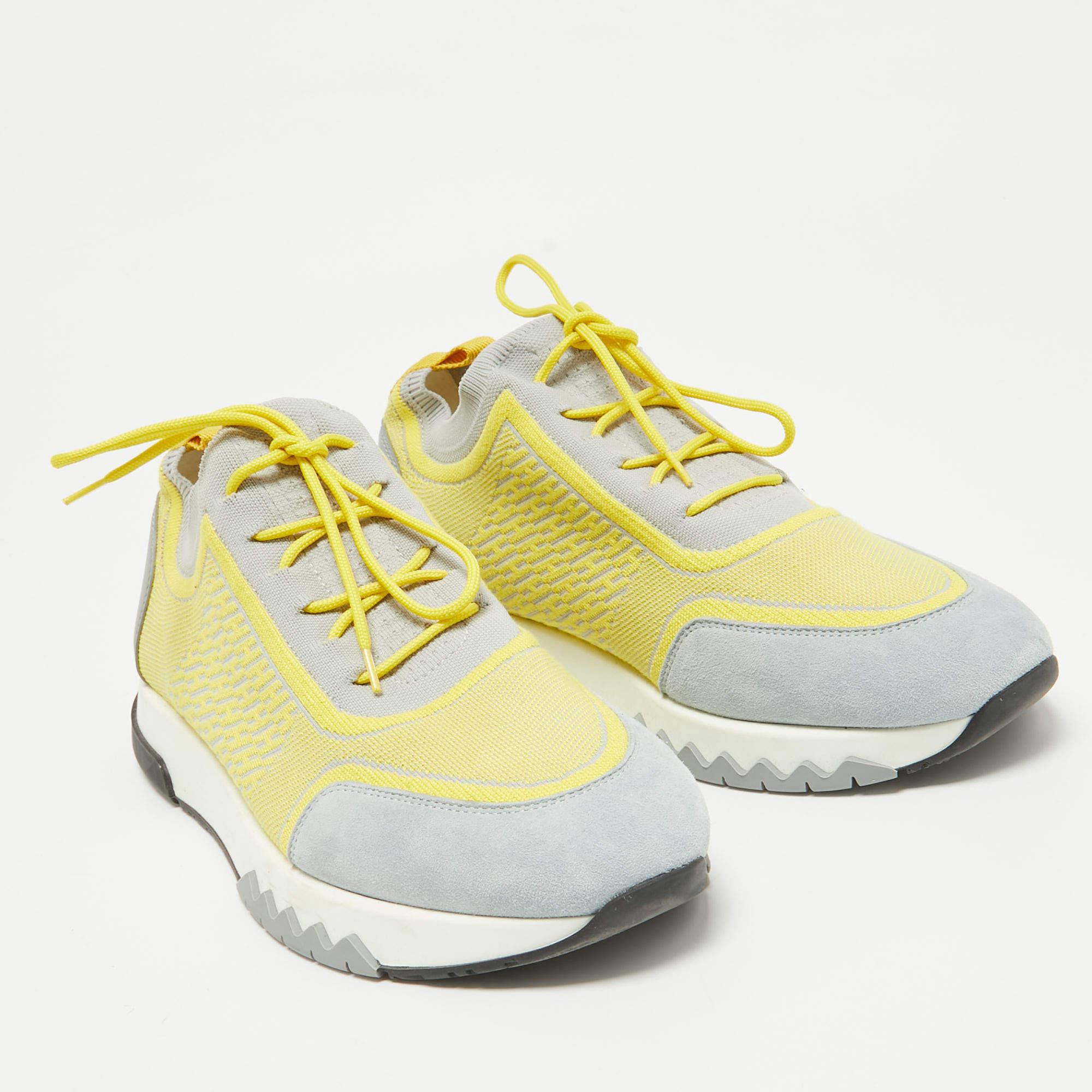 Hermes Yellow/Grey  Fabric and Leather Addict Lace Up Sneakers Size 41 In Excellent Condition In Dubai, Al Qouz 2