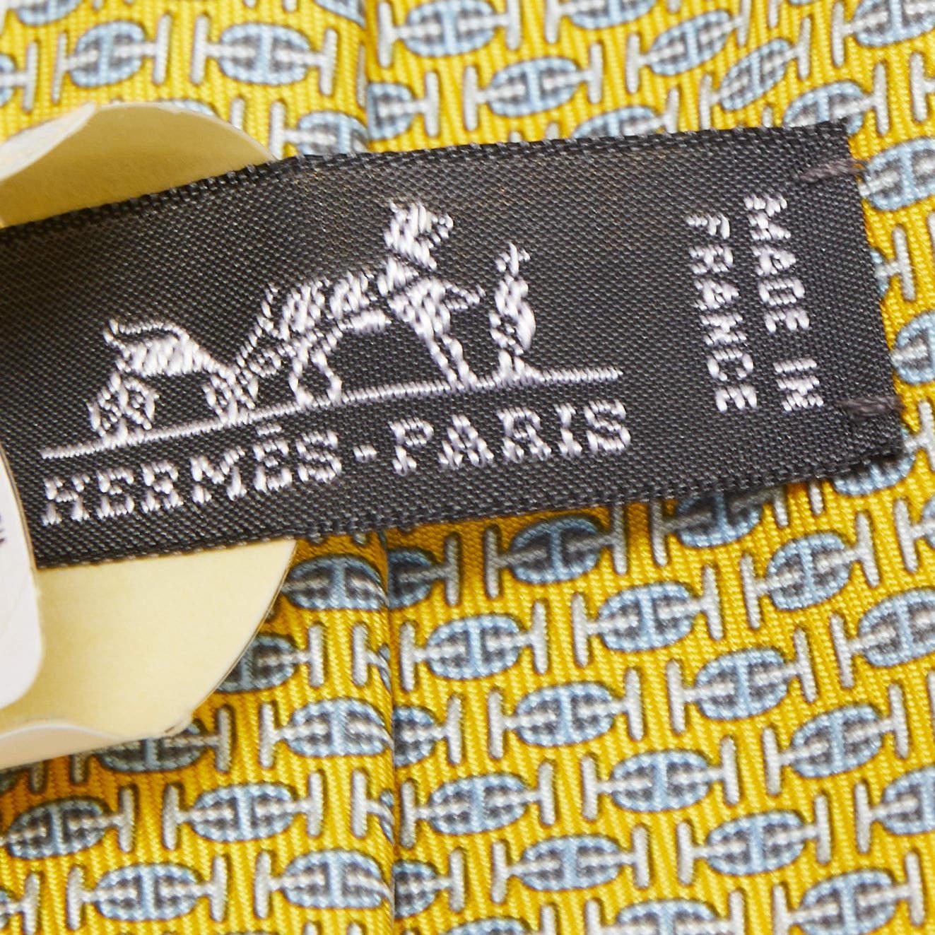 Beige Hermès Yellow H Au Maillon Printed Silk Skinny Tie