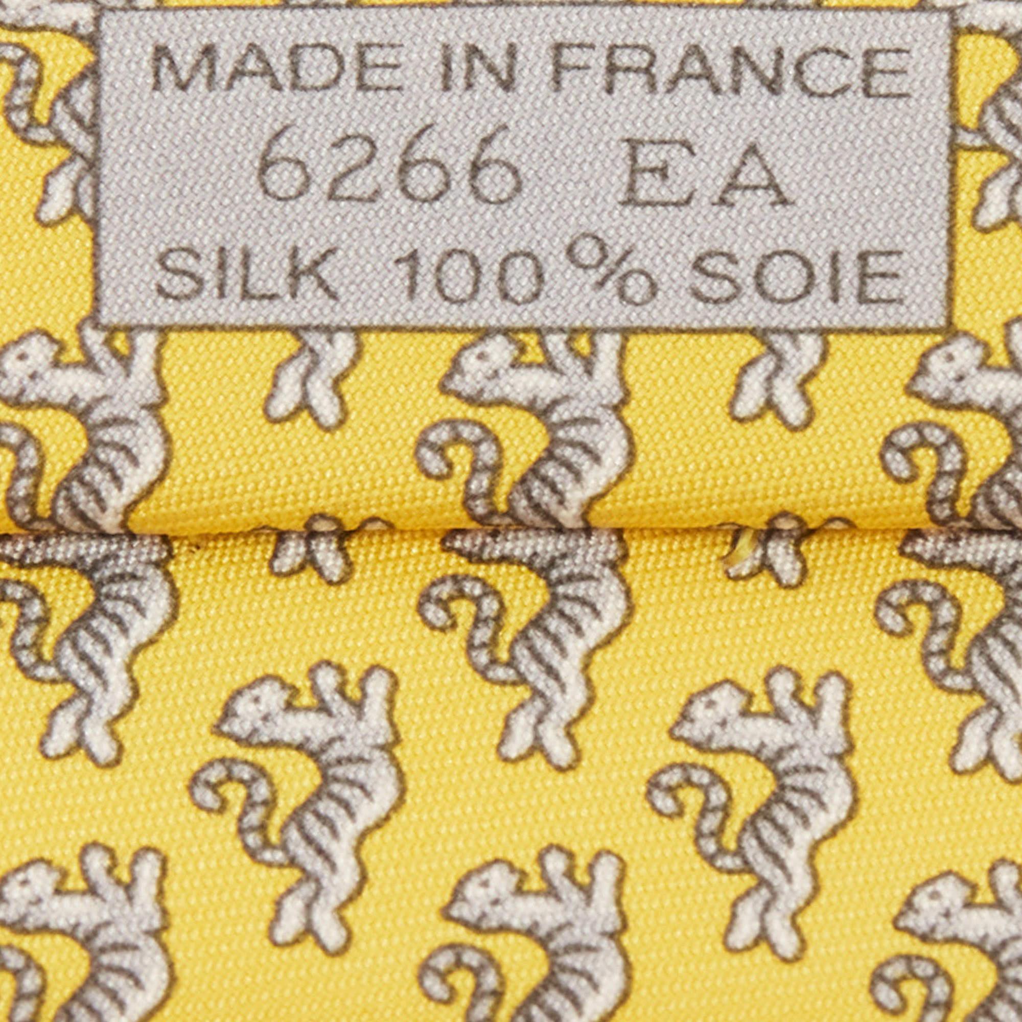 Hermes Yellow Happy Tiger Printed Silk Slim Tie In Excellent Condition In Dubai, Al Qouz 2