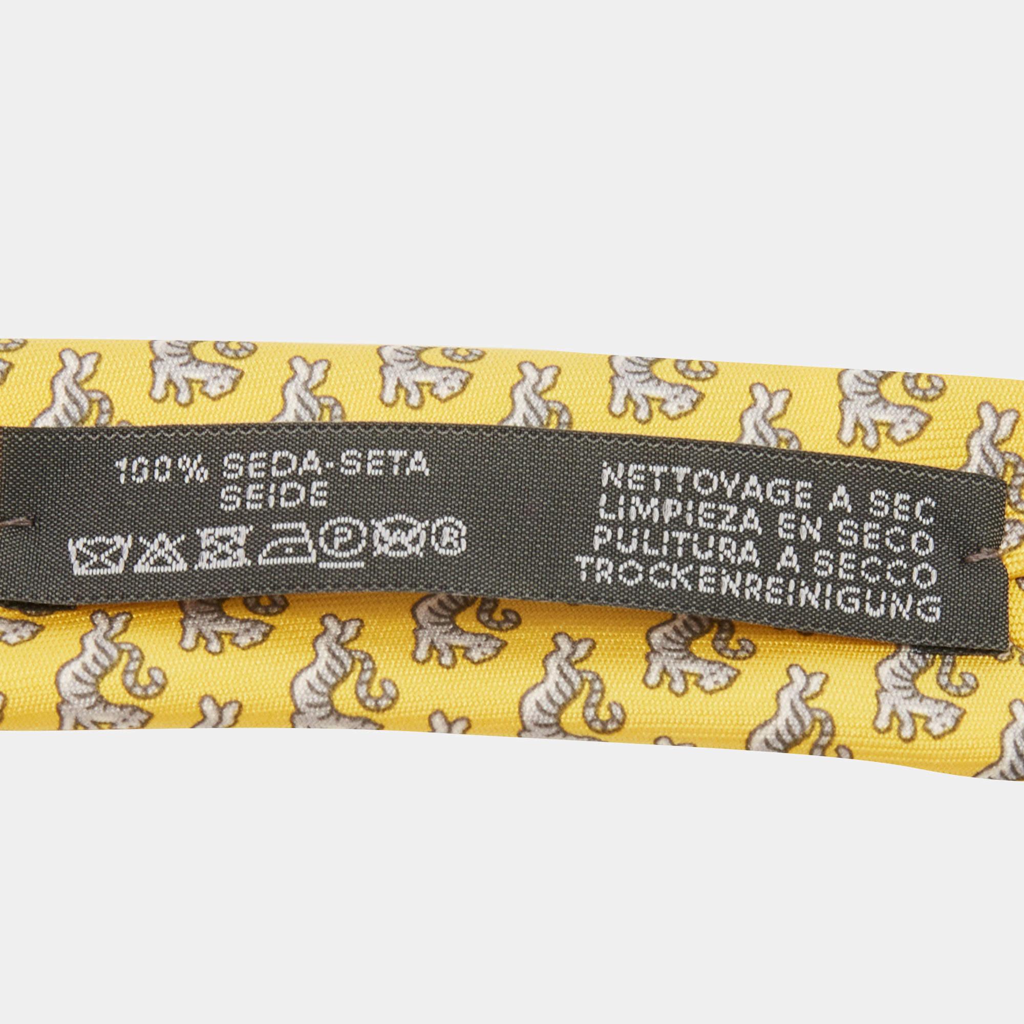 Men's Hermes Yellow Happy Tiger Printed Silk Slim Tie