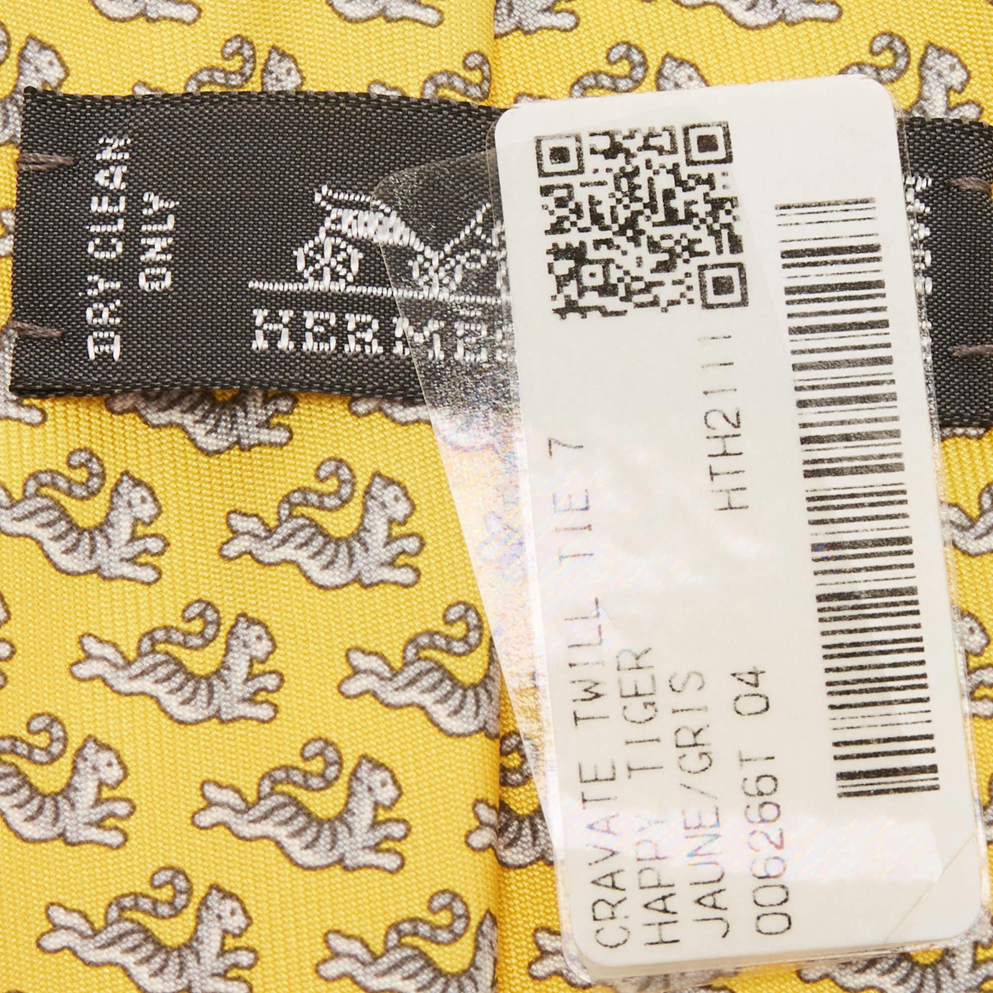 Hermes Yellow Happy Tiger Printed Silk Slim Tie 1