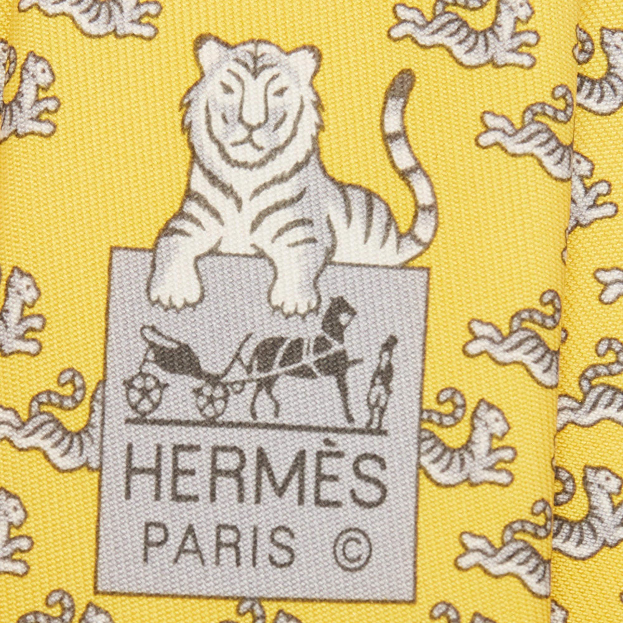 Hermes Yellow Happy Tiger Printed Silk Slim Tie 2
