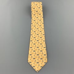 HERMES Yellow Hippo Print Silk Tie 5271 SA